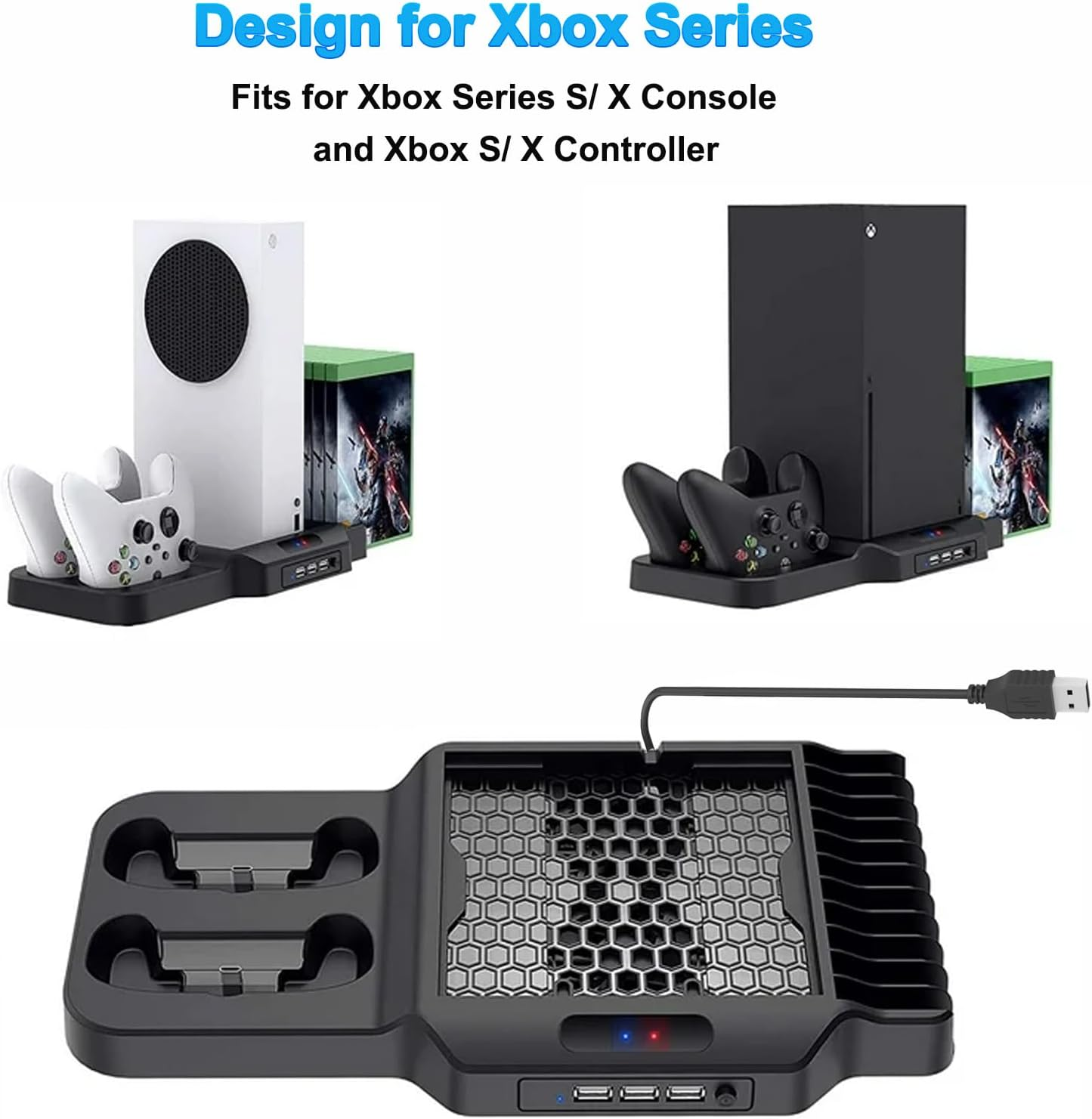 Lade- und Kühlstation für Xbox Series S/X mit zwei Controllern.