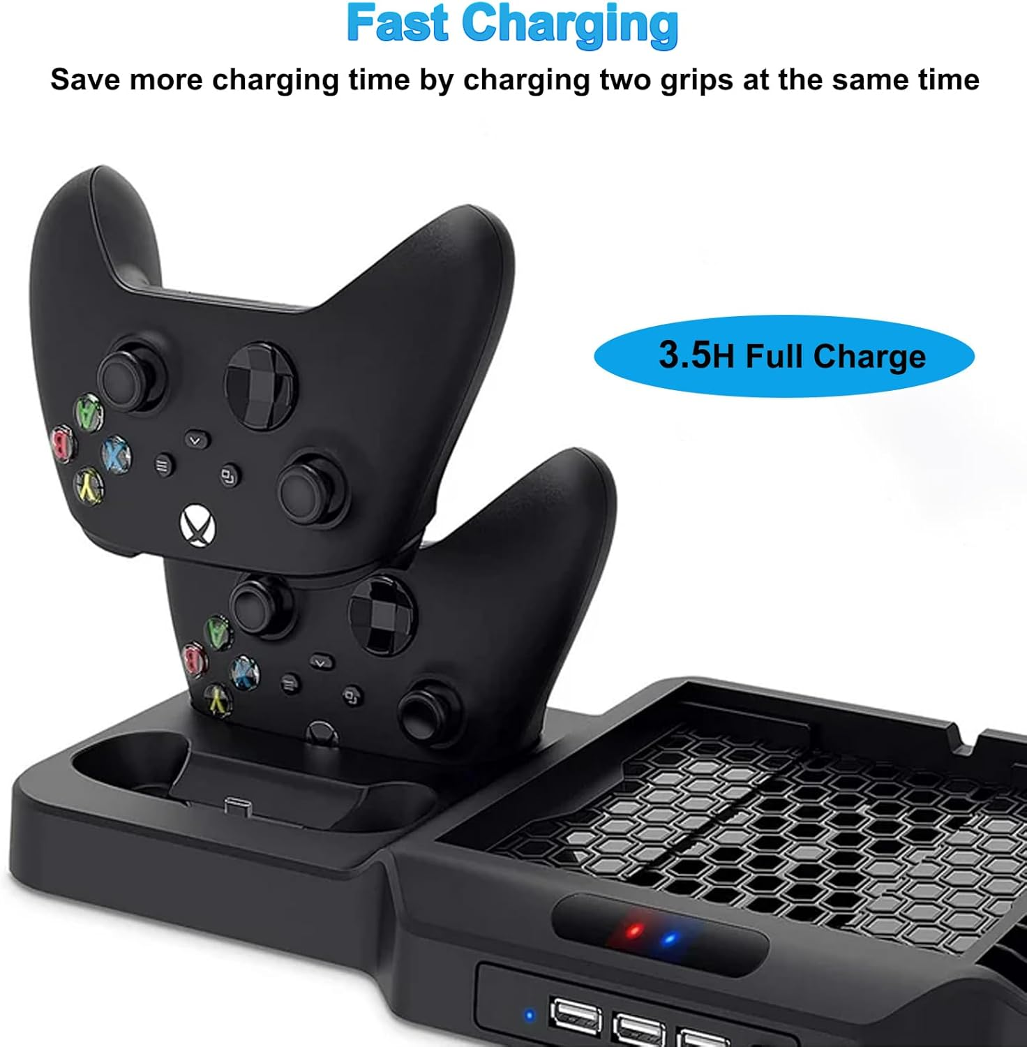 Ladestation für zwei schwarze Controller mit Ladeanzeigen und Lüftungsgitter.
