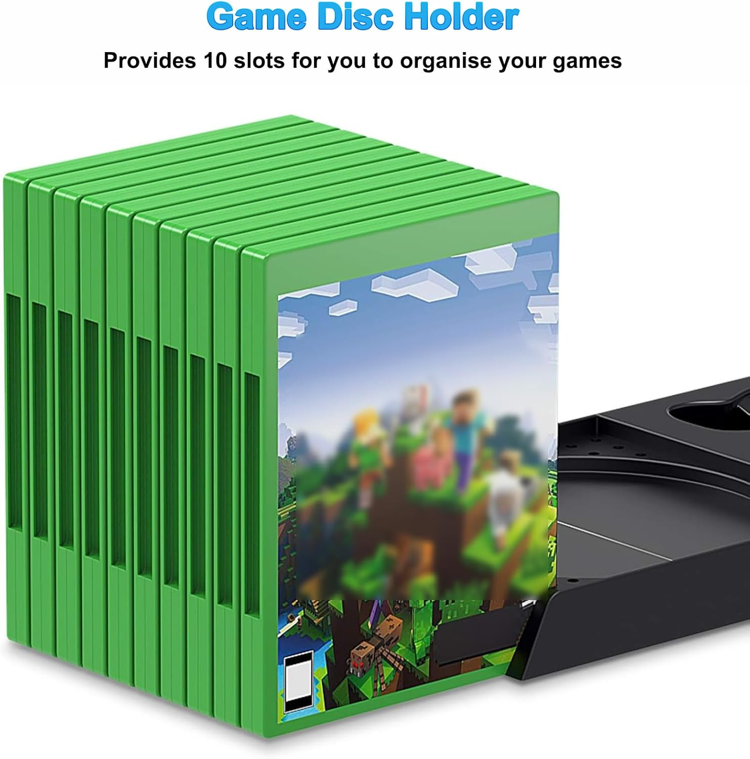 Grüner Spielehalter mit 10 Fächern und Minecraft-Motiv.