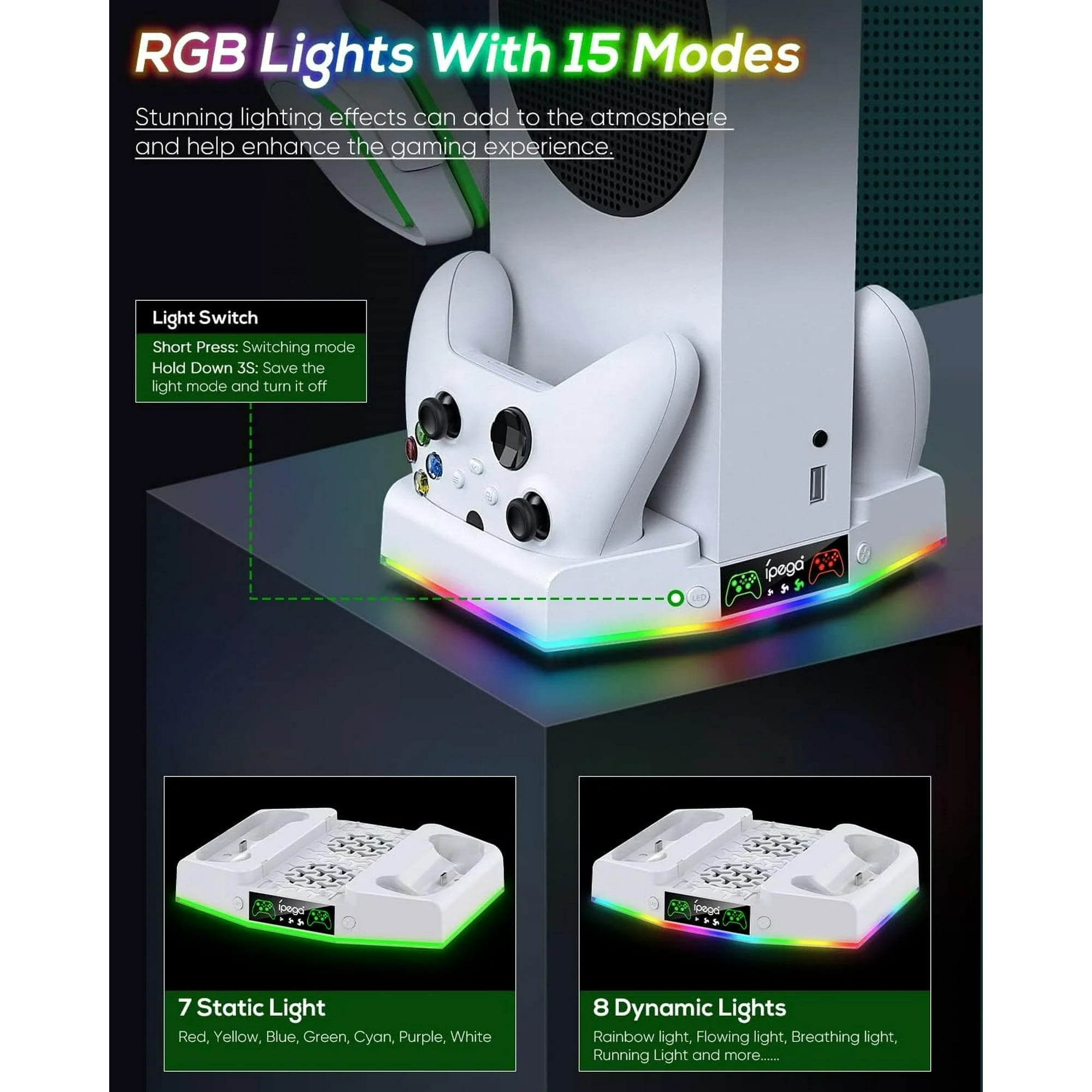 Weiße Ladestation mit RGB-Licht für Spielekonsolen und Controller.