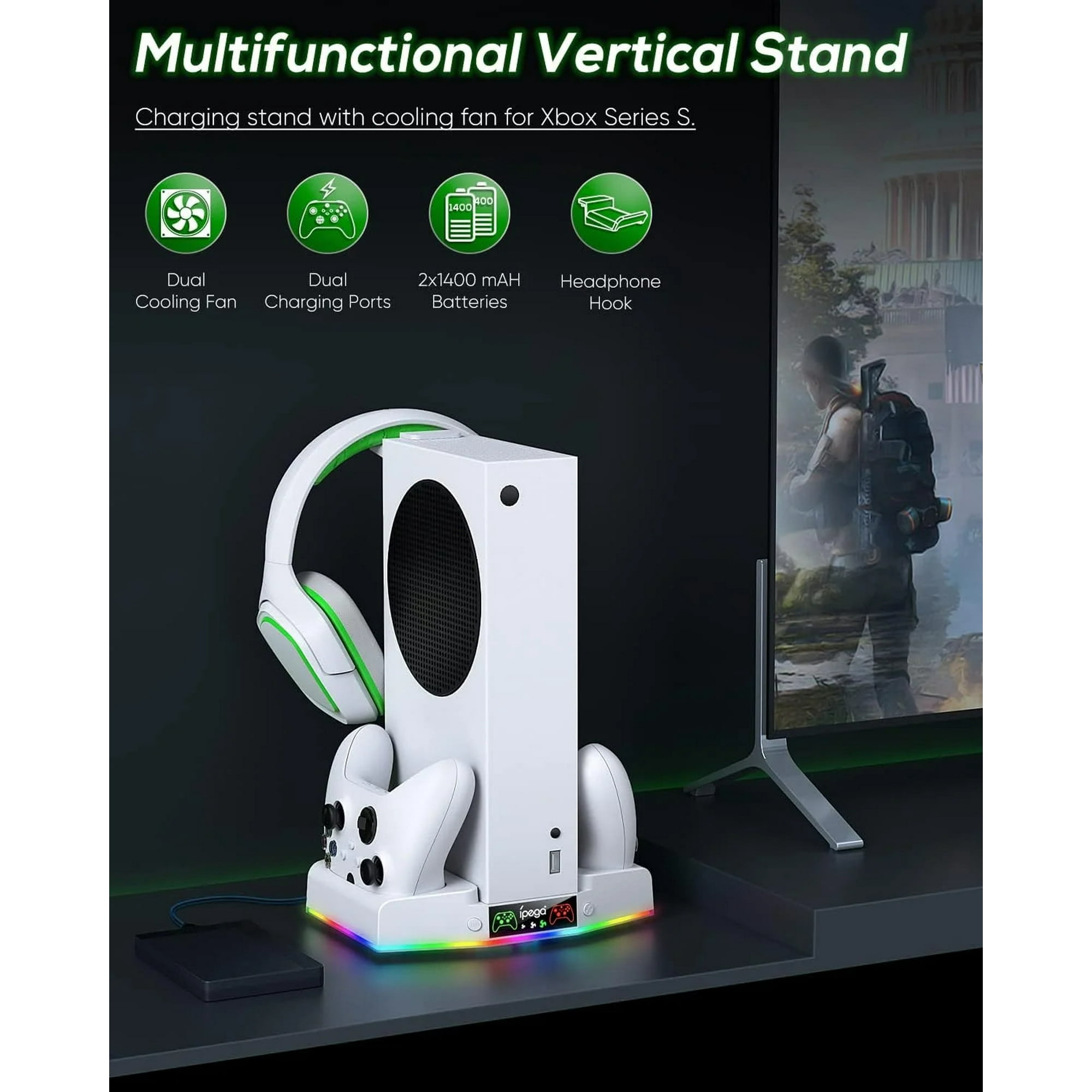 Weiße Ladestation für Xbox Series S mit Lüfter, Controllern, Kopfhörern und bunten Lichtern.