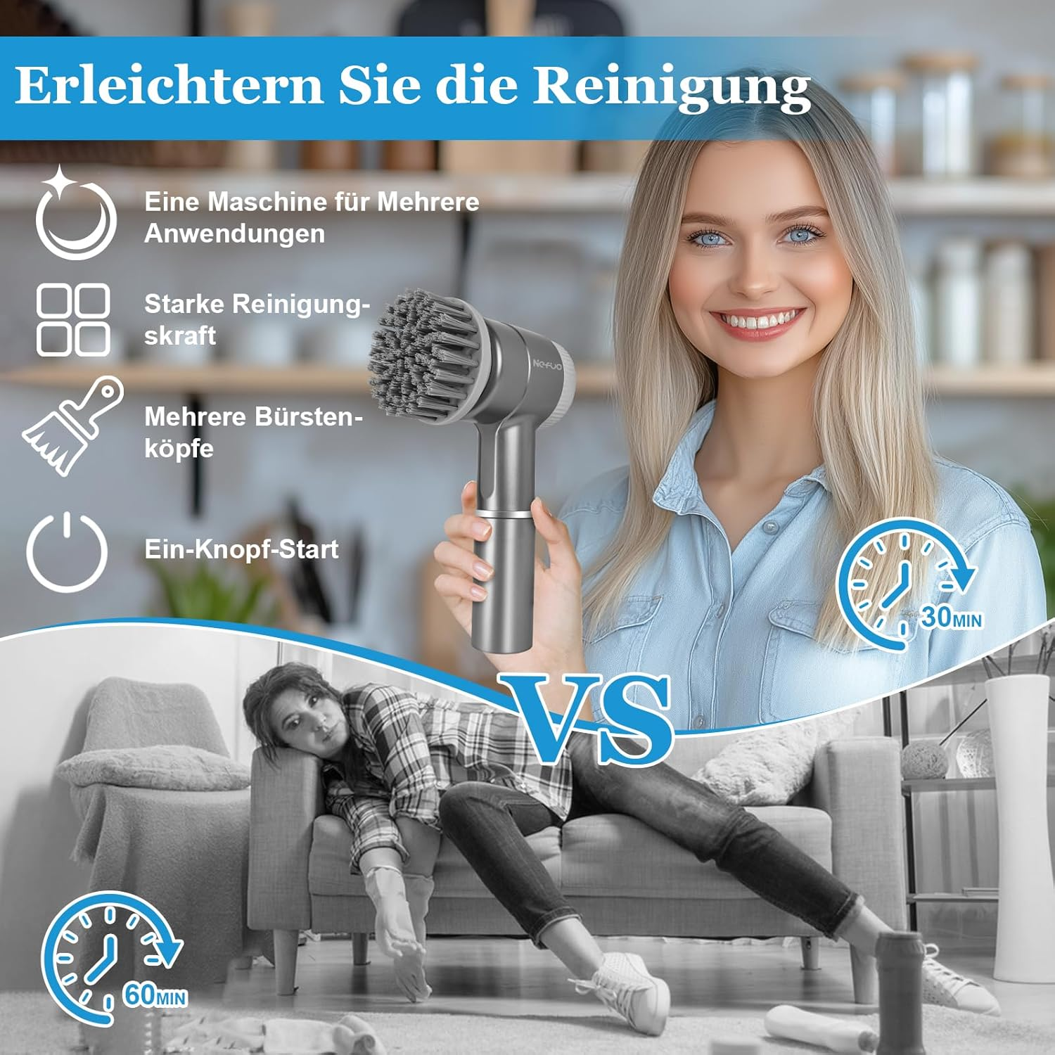 Vergleich: Eine Frau liegt erschöpft auf dem Sofa, während eine andere lächelnd die elektrische Reinigungsbürste hält.