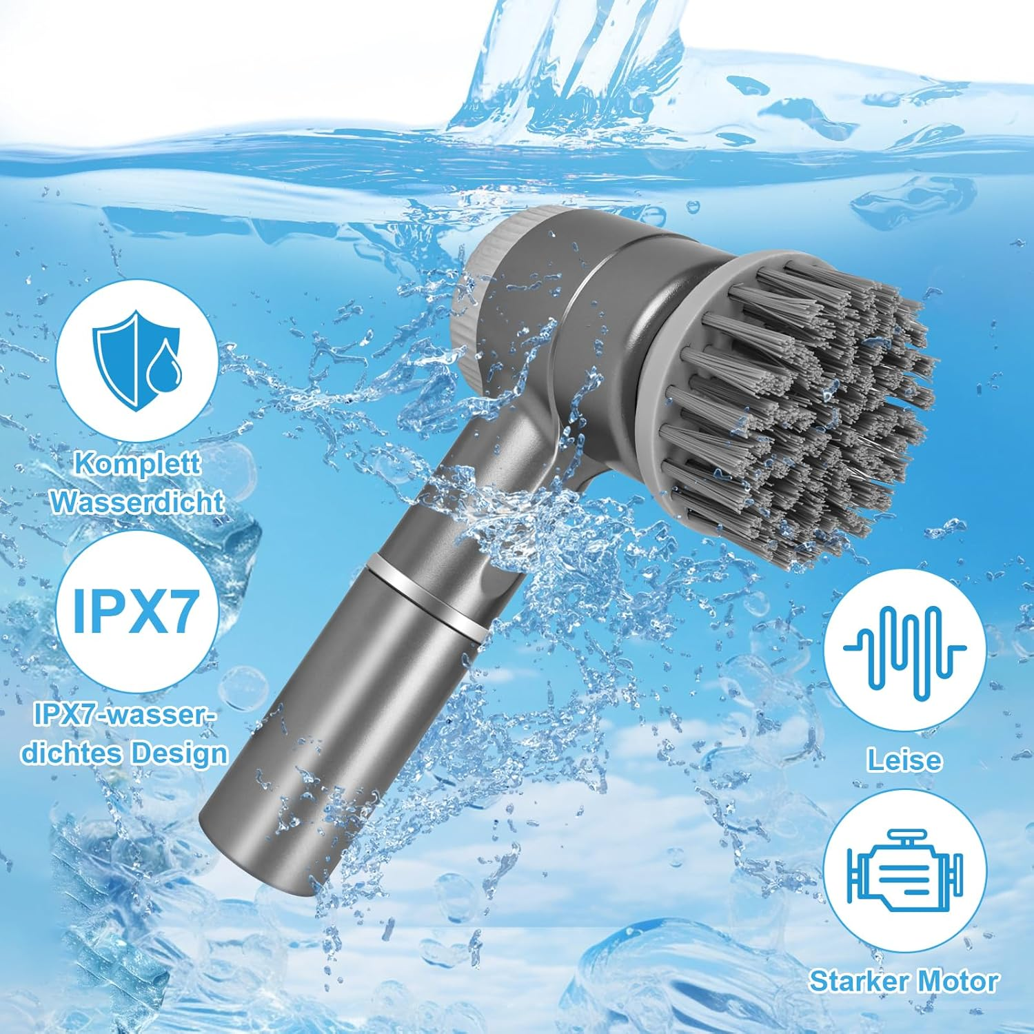 Grauer Bürstenkopf mit Borsten unter Wasser, IPX7 wasserdicht.