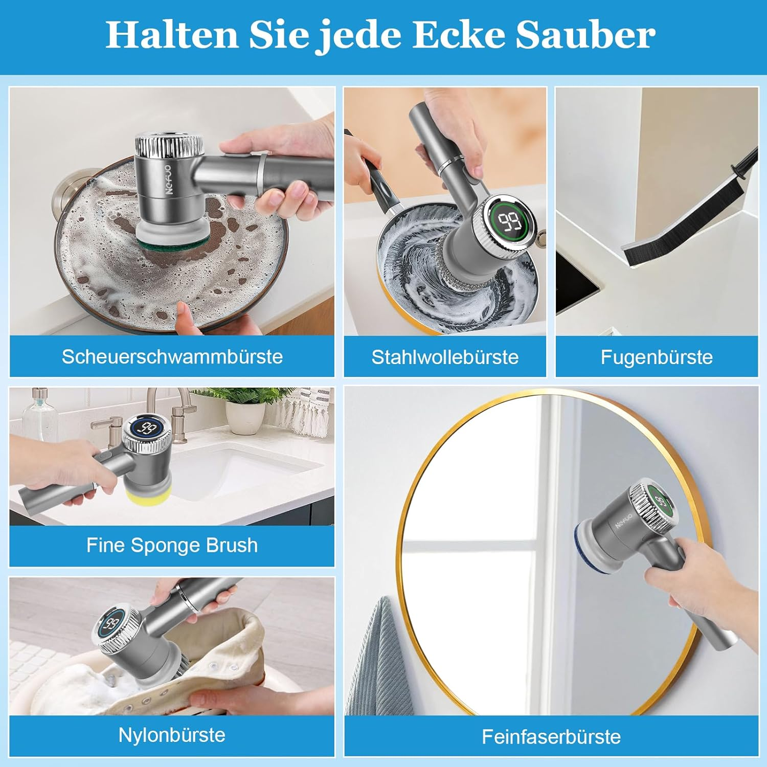 Elektrische Bürsten reinigen Geschirr, Pfannen, Fugen, Waschbecken, Kleidung und Spiegel.