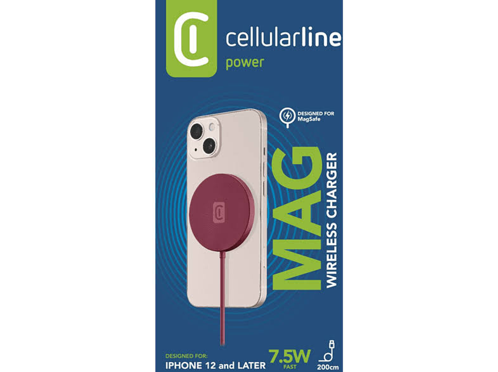Verpackung mit Cellularline MagSafe Ladegerät & iPhone 12.