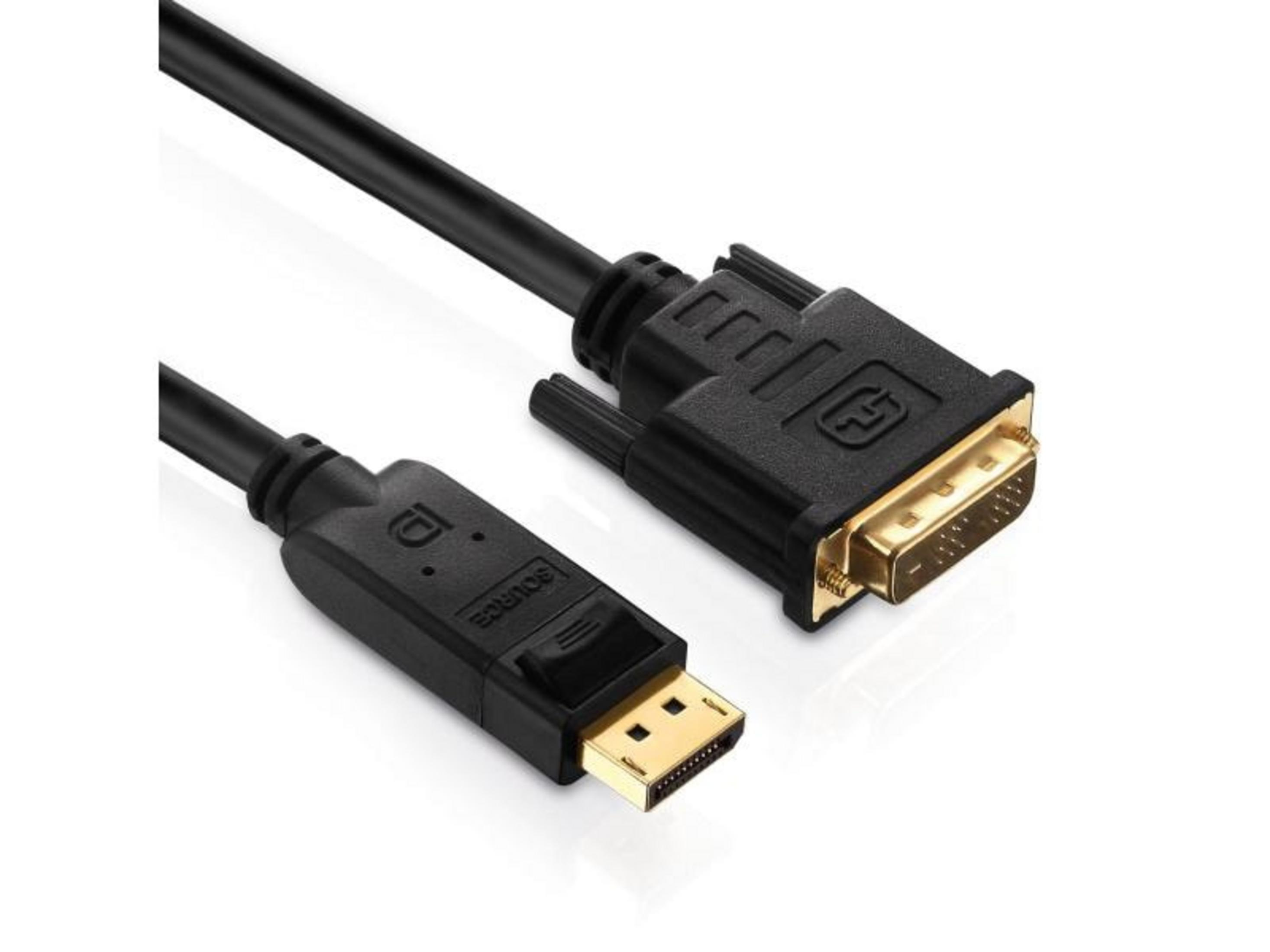 Ein schwarzes DisplayPort-zu-DVI-Adapterkabel mit goldenen Anschlüssen.