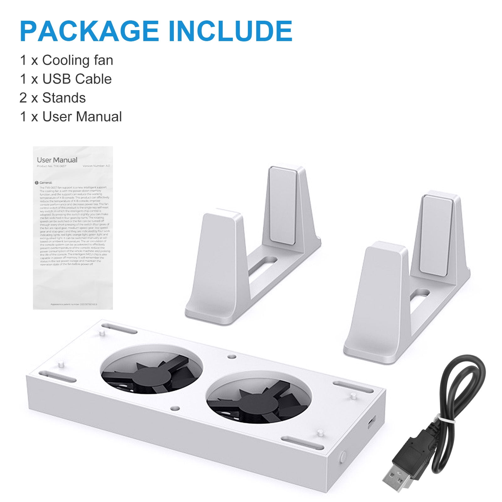 Ein weißes Kühlergehäuse mit zwei Lüftern, zwei Ständern, einem USB-Kabel und einem Handbuch.