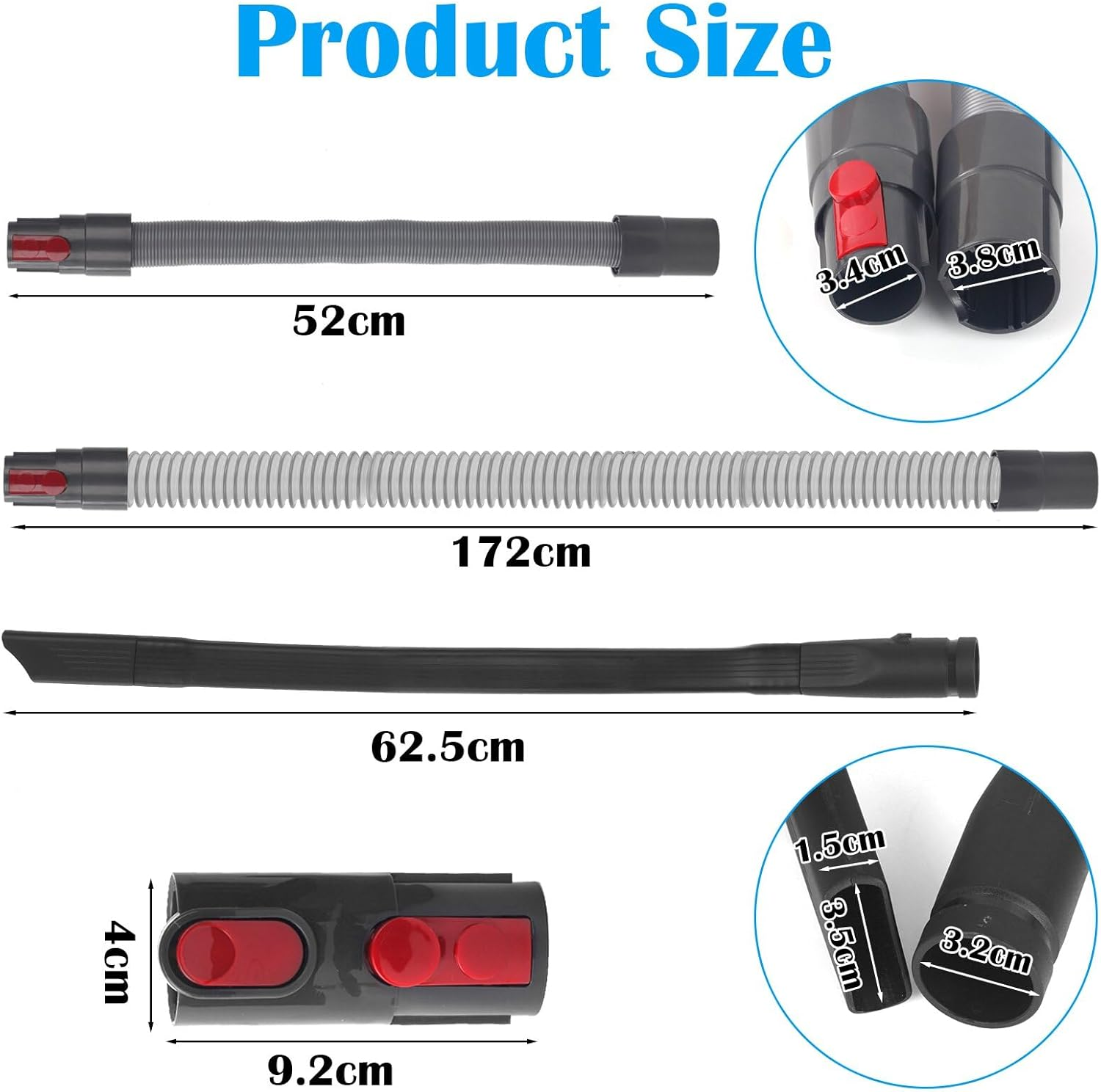 Vakuumteile mit Maßen: 52cm, 172cm Schlauch, 62.5cm Rohr, 9.2cm Griff.