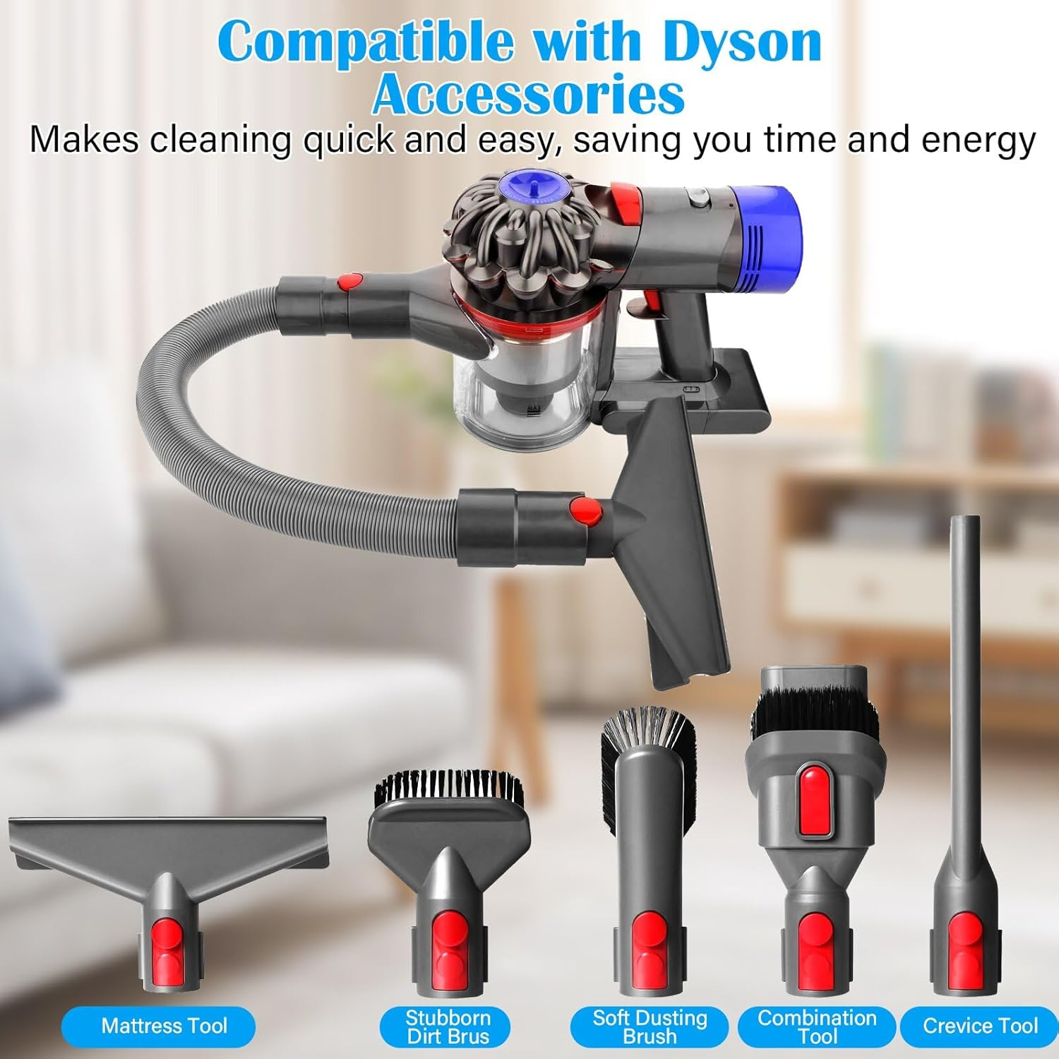 Ein Dyson-Staubsauger mit mehreren Aufsätzen: Matratzen-, Bürsten-, Kombi- und Fugendüse.
