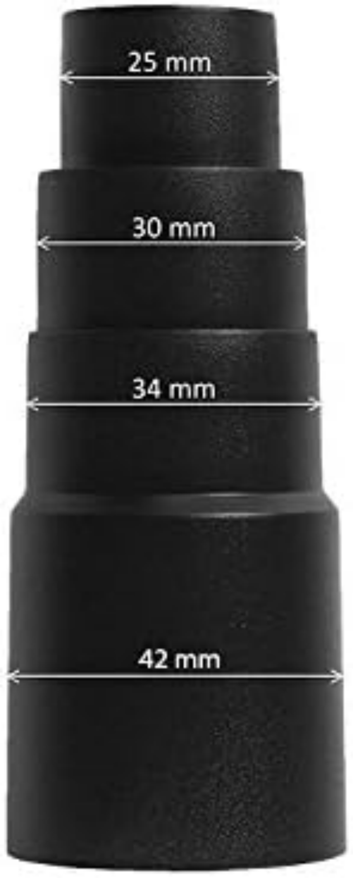 Ein schwarzer Konverter mit Größenangaben: 25mm, 30mm, 34mm, 42mm.
