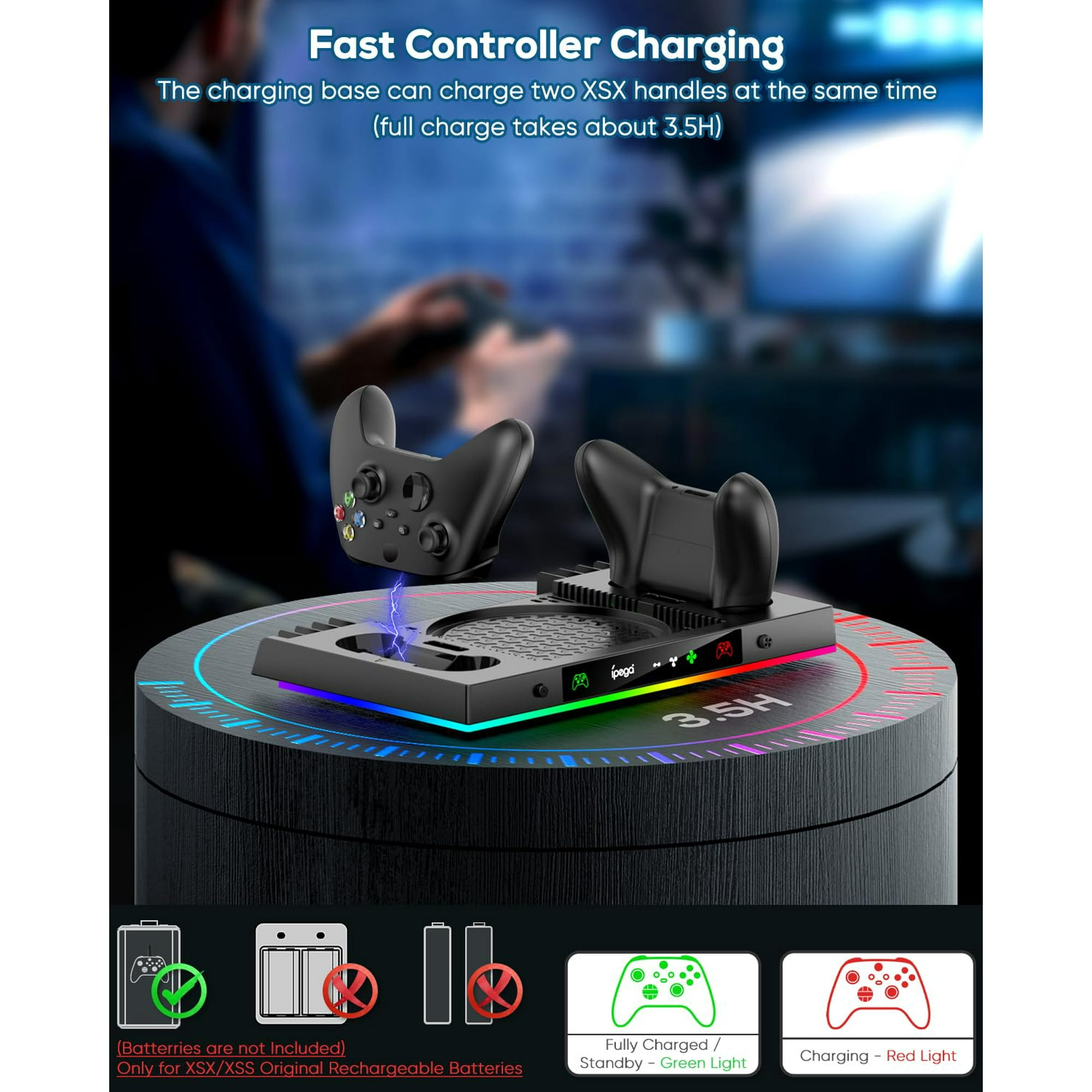 Ladebasis für zwei XSX-Controller mit LED-Ladeanzeige. Batterien nicht enthalten.