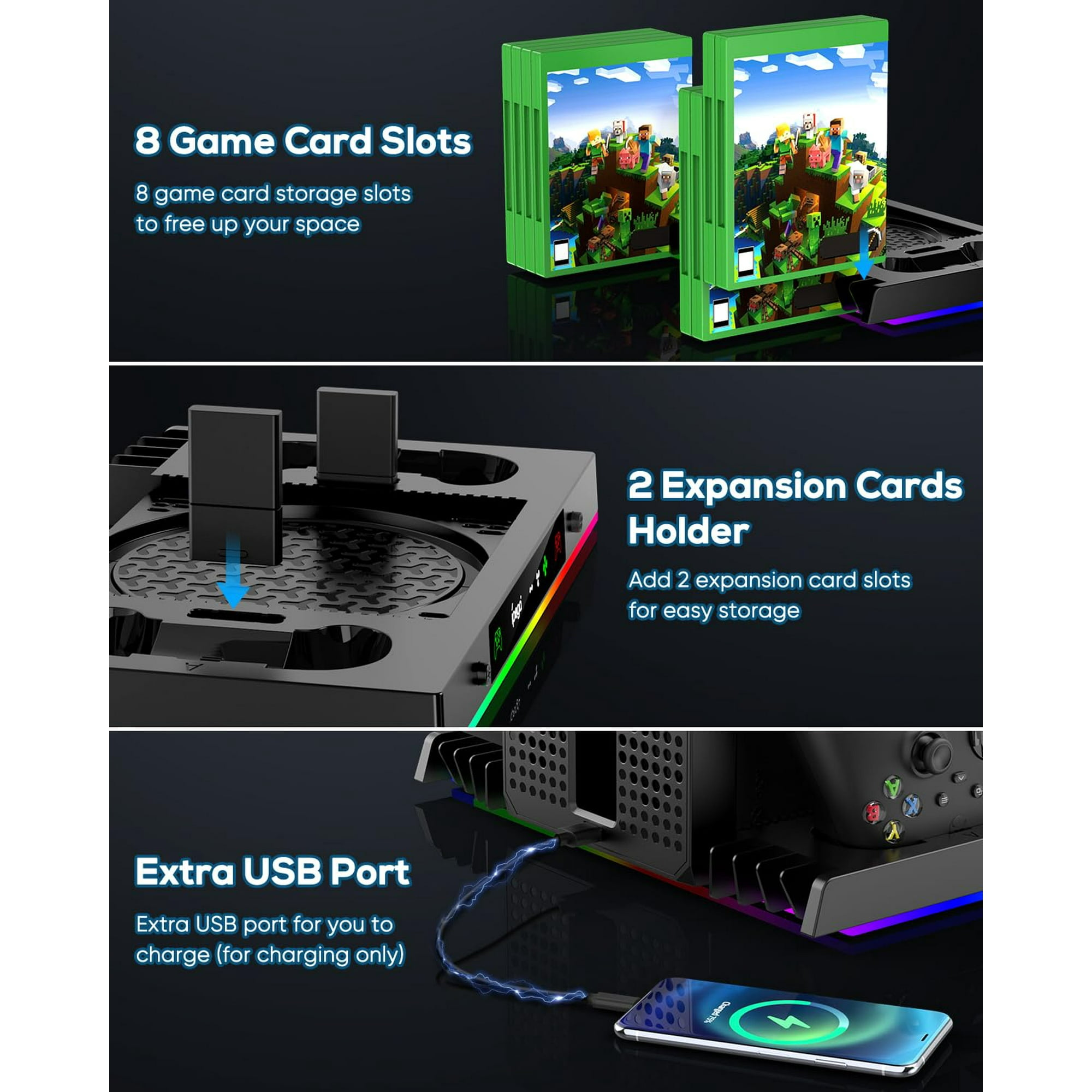 Gaming Zubehör: 8 Spielkartenfächer, 2 Erweiterungskartenhalter, USB-Ladeanschluss.