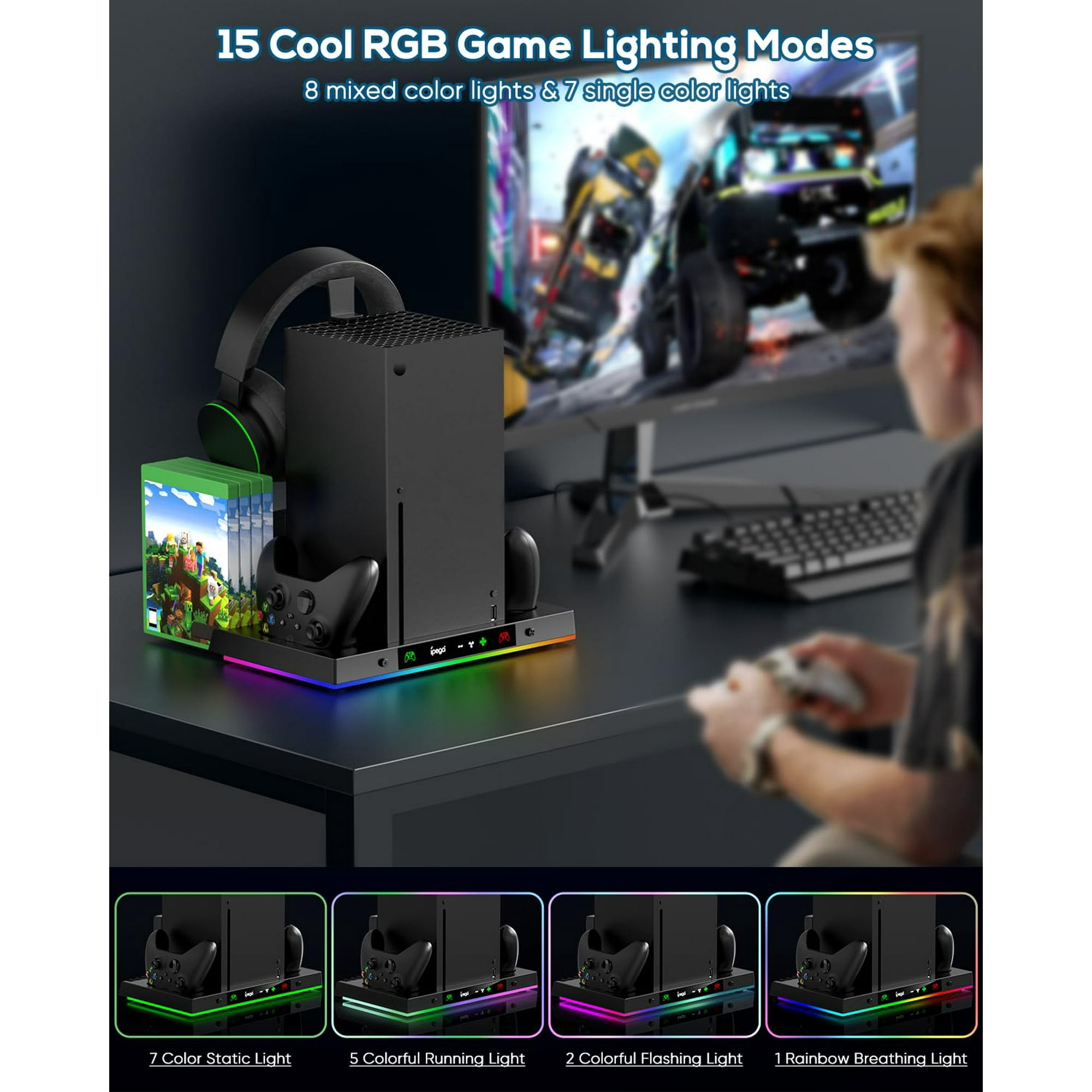 Gaming-Setup mit RGB-Lichtleiste, Controller, Kopfhörern und Spielen.