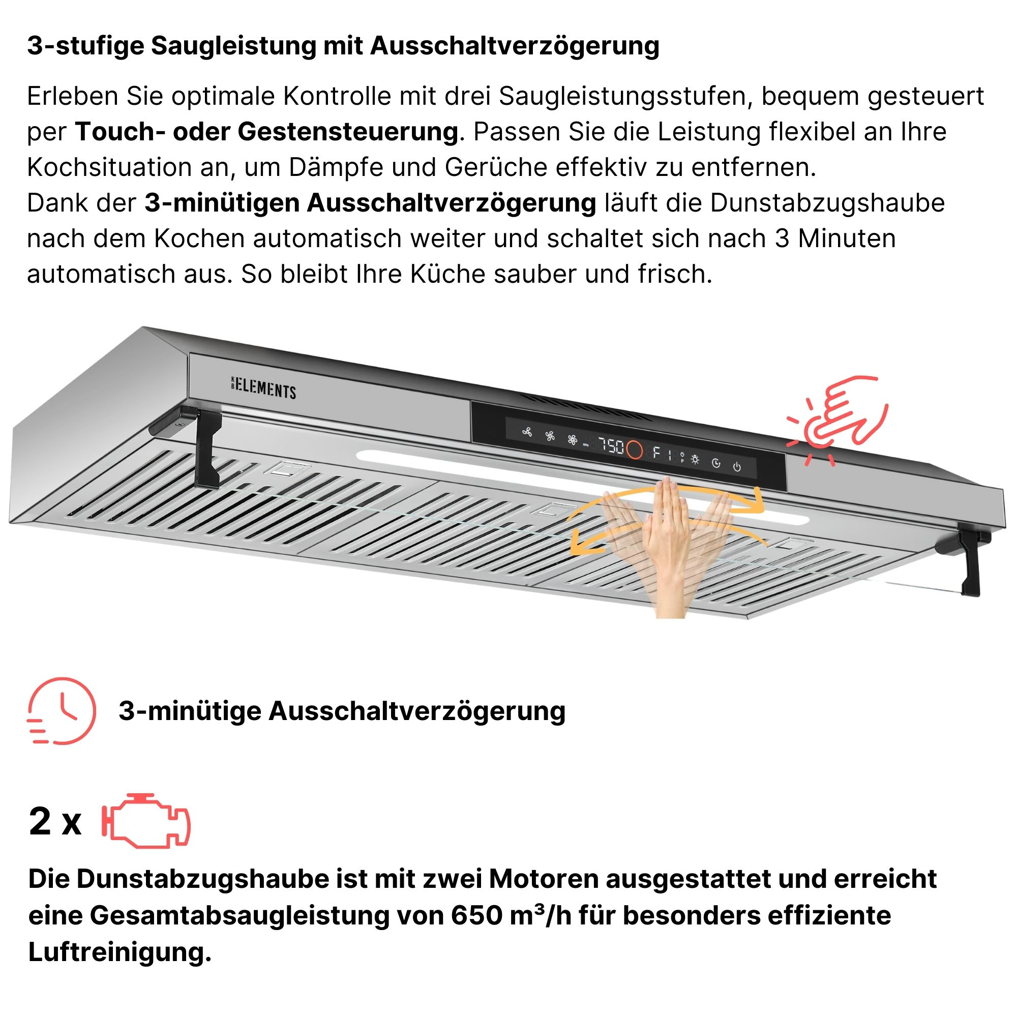 Edelstahl-Dunstabzugshaube mit Touchscreen, 3 Stufen, 3-Minuten-Timer.
