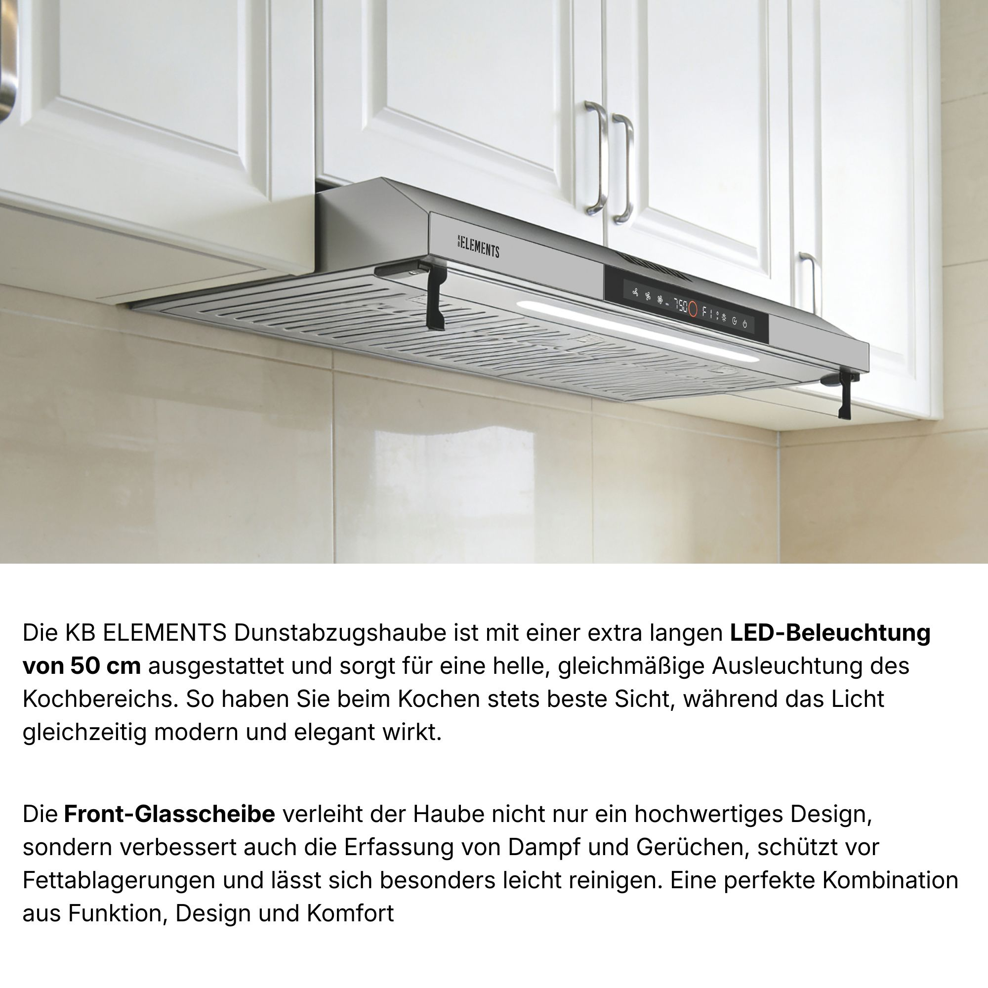 Edelstahl Dunstabzugshaube mit LED-Licht und Touch-Bedienfeld über einem Herd.