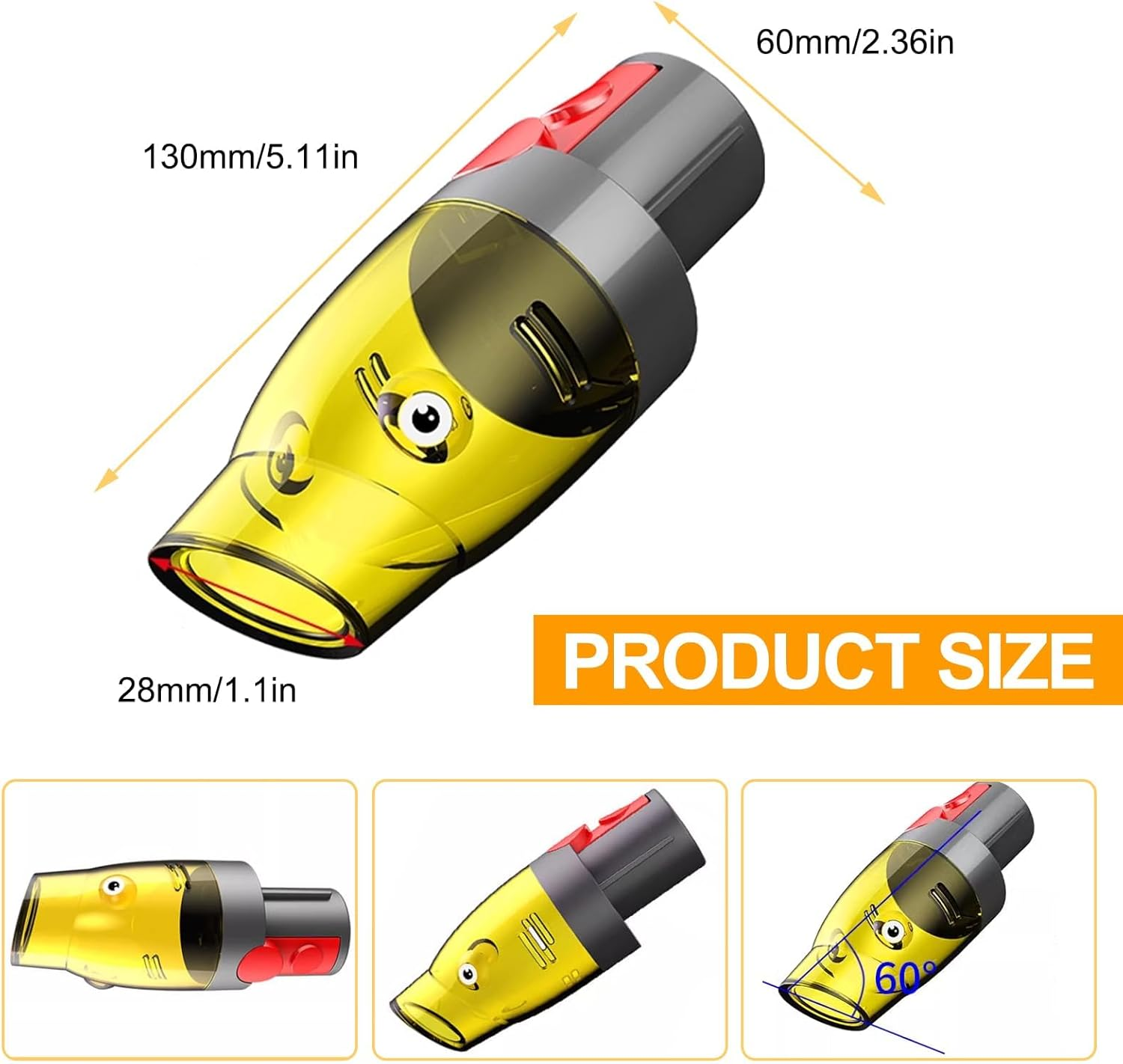 Gelber Mini-Staubsauger mit grauen und roten Akzenten, Produktgröße angezeigt.