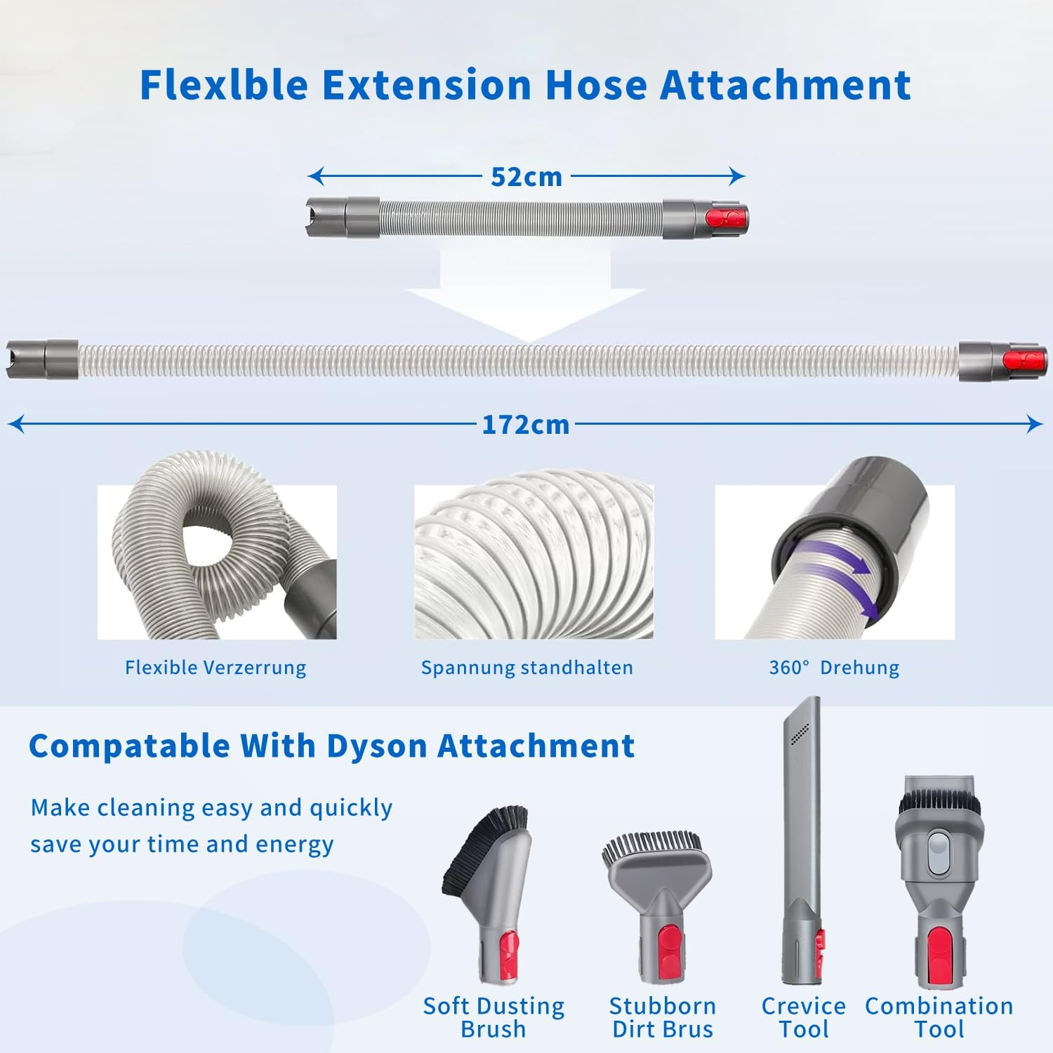 Flexibler Verlängerungsschlauch für Dyson-Aufsätze, 52cm bis 172cm ausziehbar.