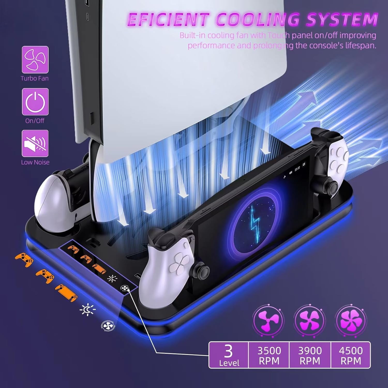 Gaming-Konsole mit Lüfterständer, Controller und Ladeanzeige.