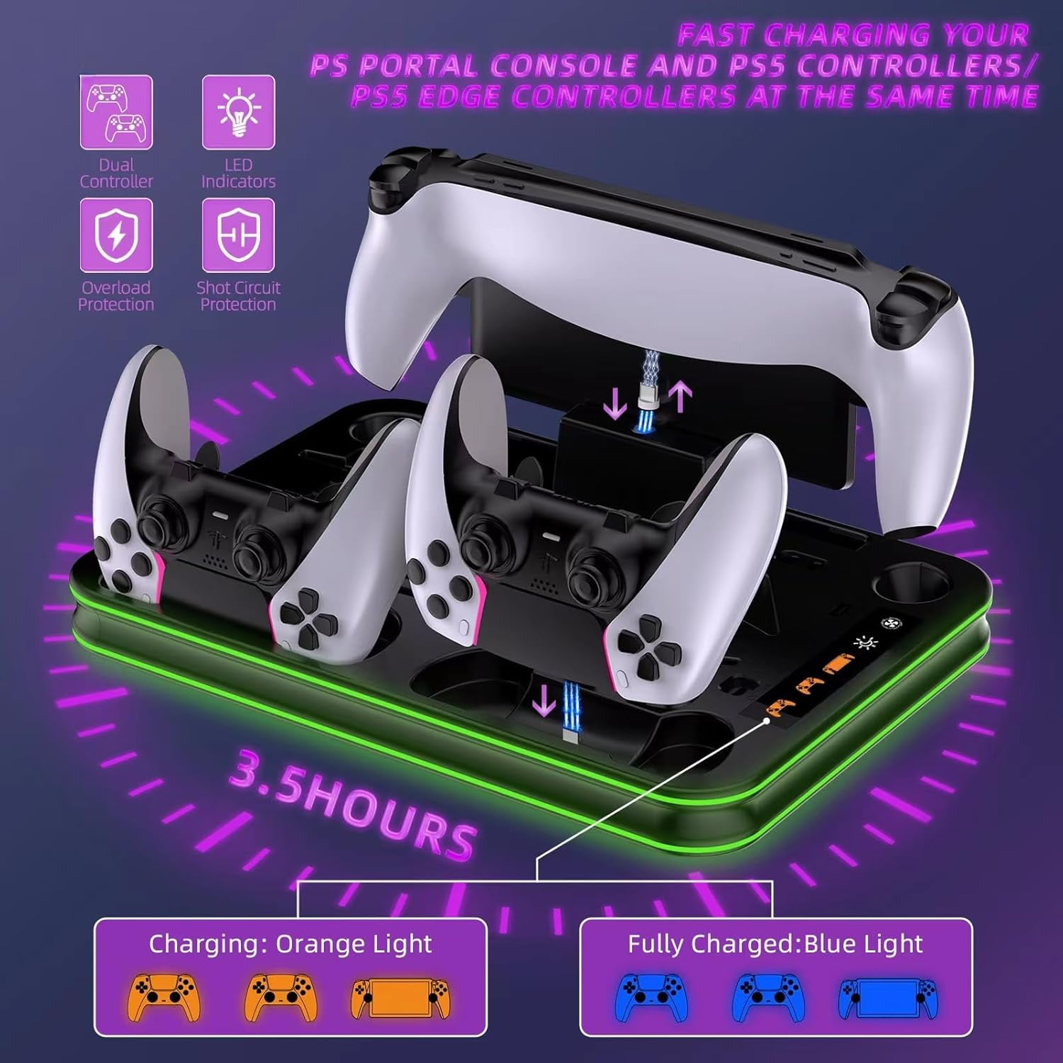 Ladestation für PS5-Controller und PS Portal mit LED-Anzeigen und Schutzfunktionen.