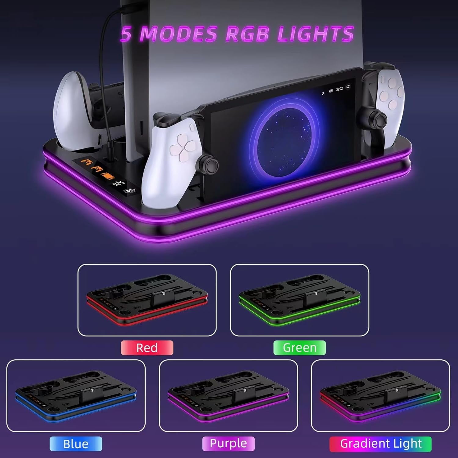 Einladende Gaming-Ladestation mit Controllern und RGB-Beleuchtung.