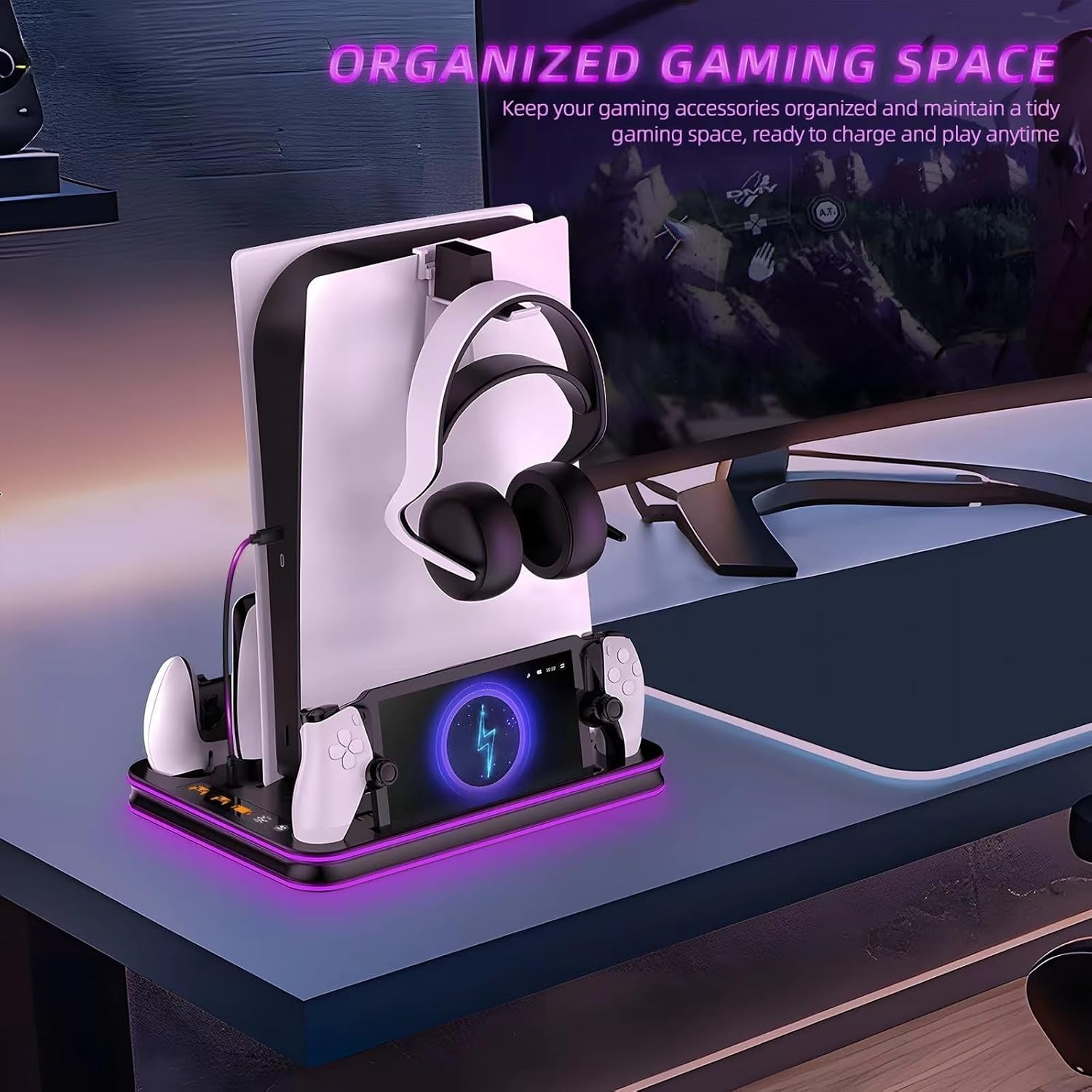 Eine Ladestation für Spielekonsolen mit Headset, Controllern und Handy.