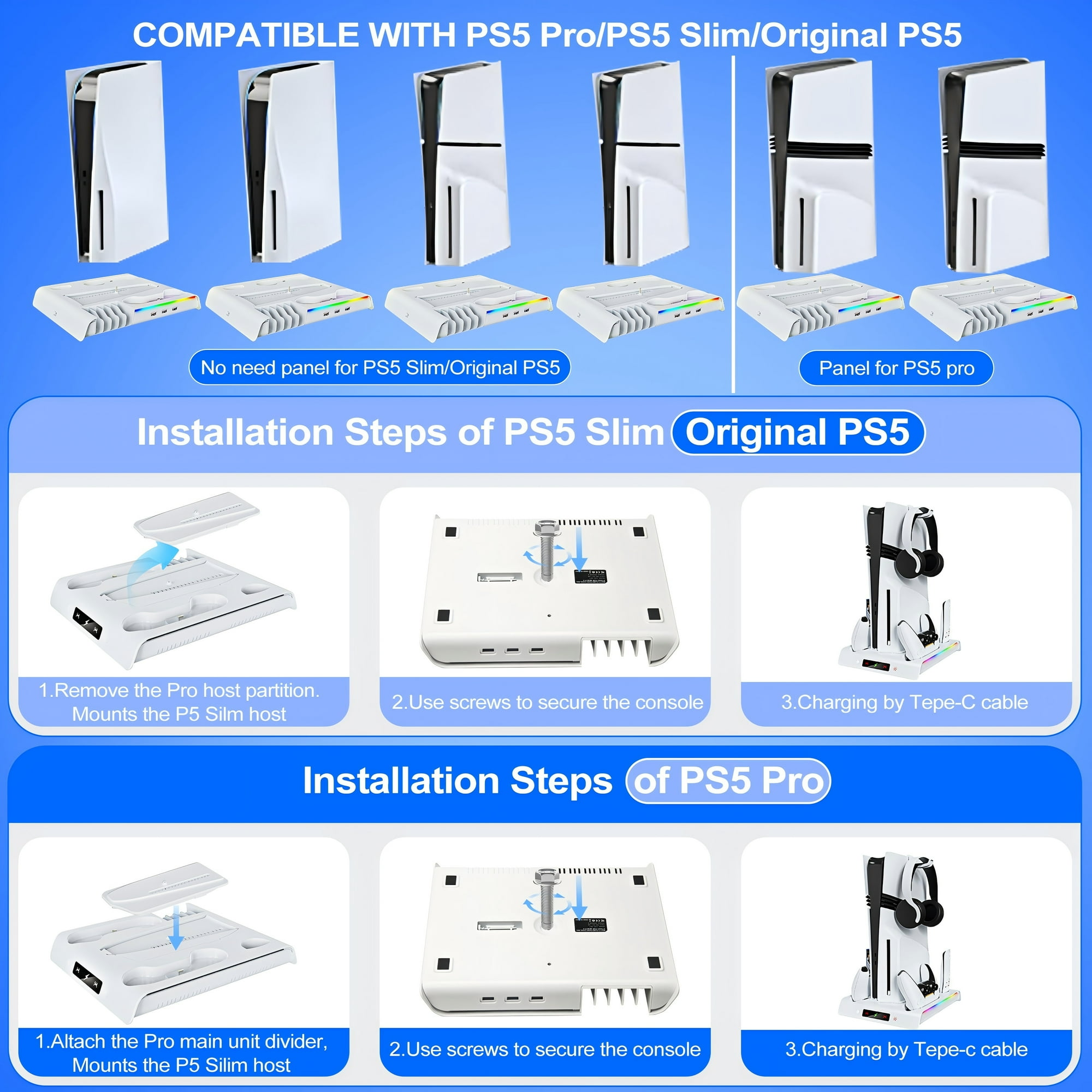 Illustrationen von PS5-Konsolen und Zubehör, Installationsschritte für PS5 Slim und PS5 Pro.