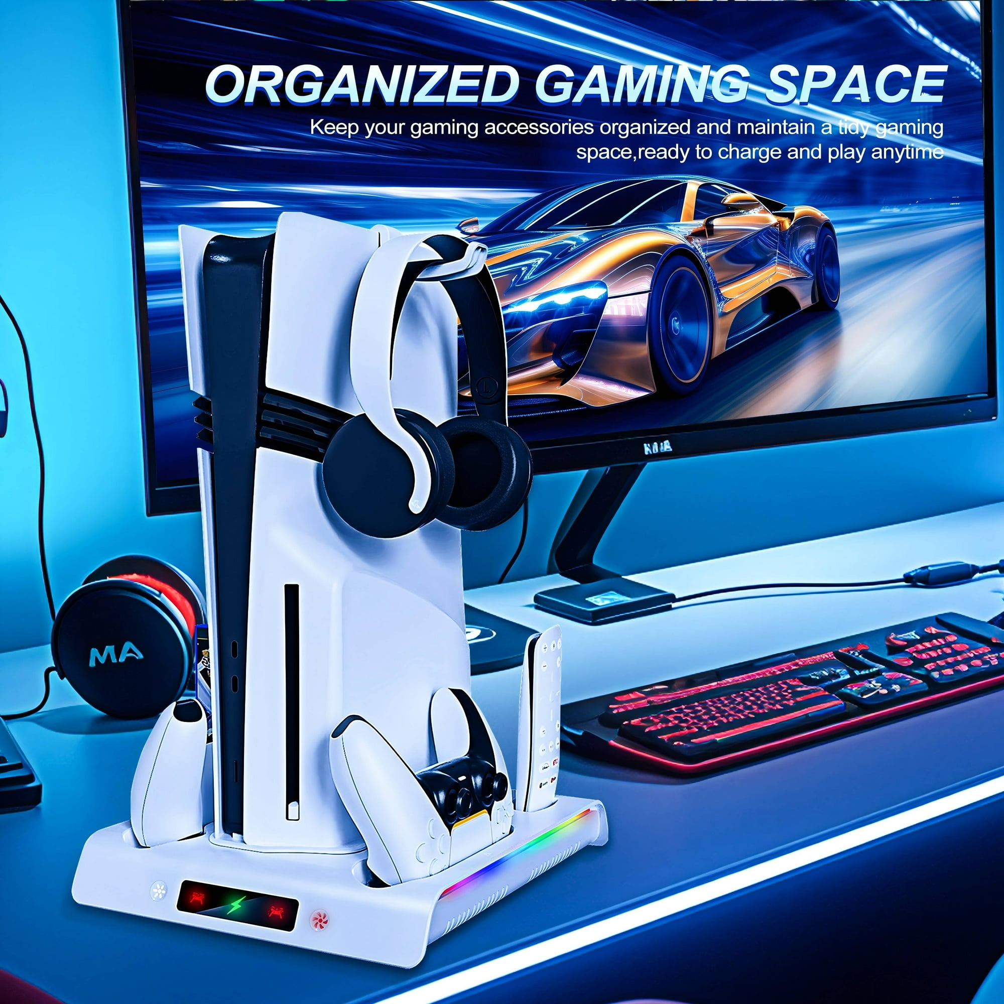 Gaming-Ladestation mit Konsole, Controllern, Headset und Tastatur.