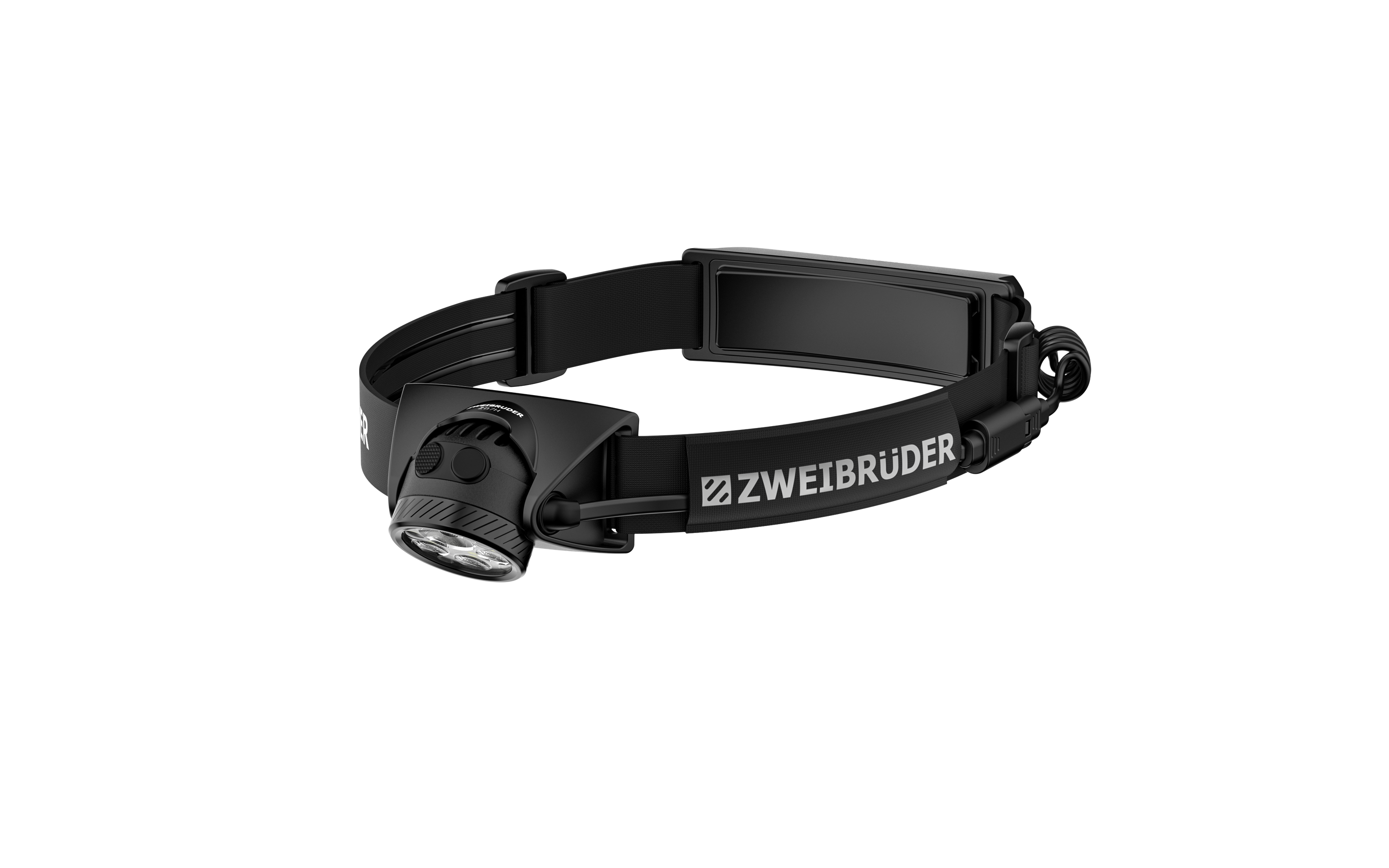 Schwarzer Stirnlampe mit verstellbarem Band und ZWEI BRÜDER Logo.