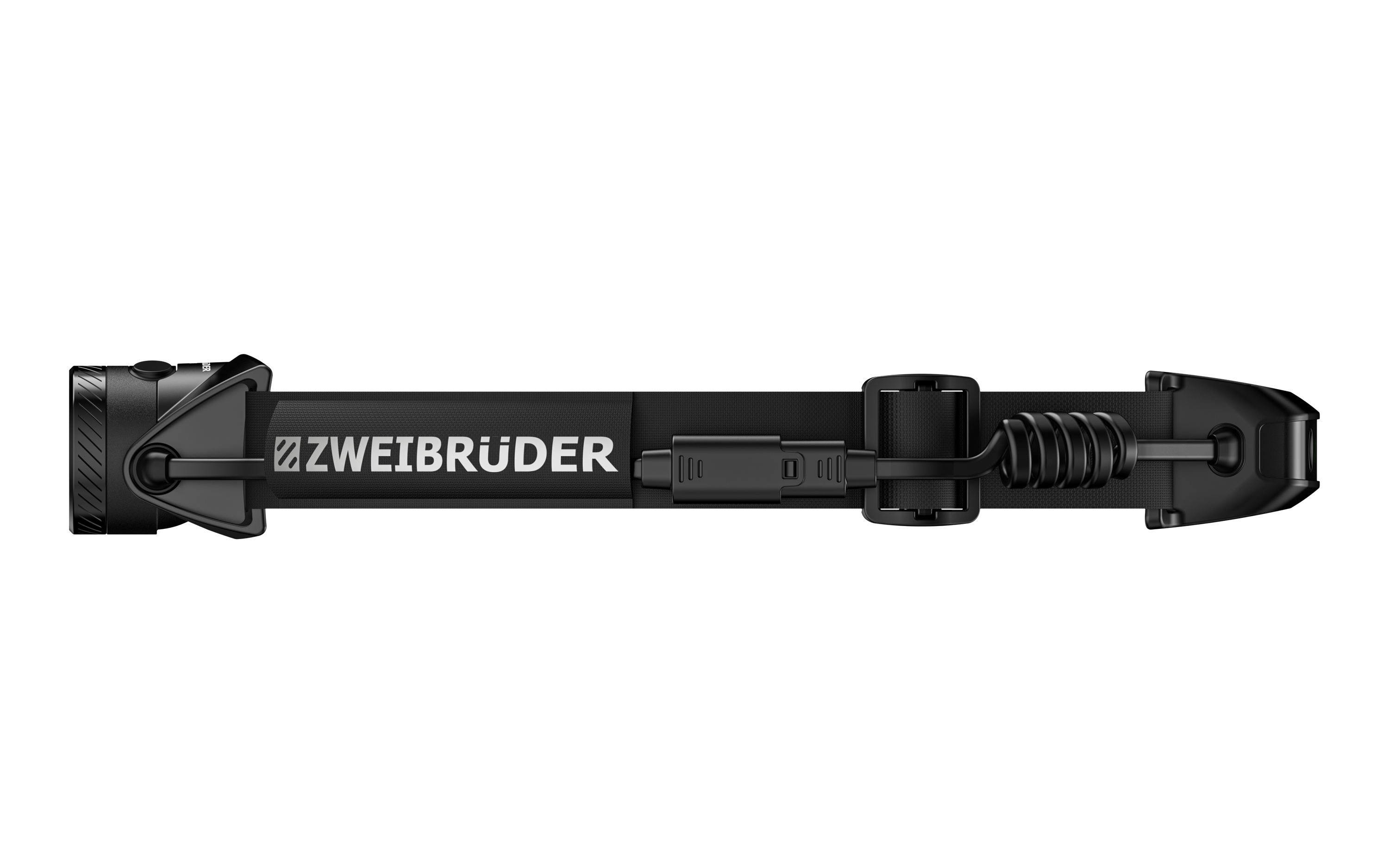 Schwarze Stirnlampe mit ZWEIBrüDER-Logo, verstellbarem Band und Federkabel.