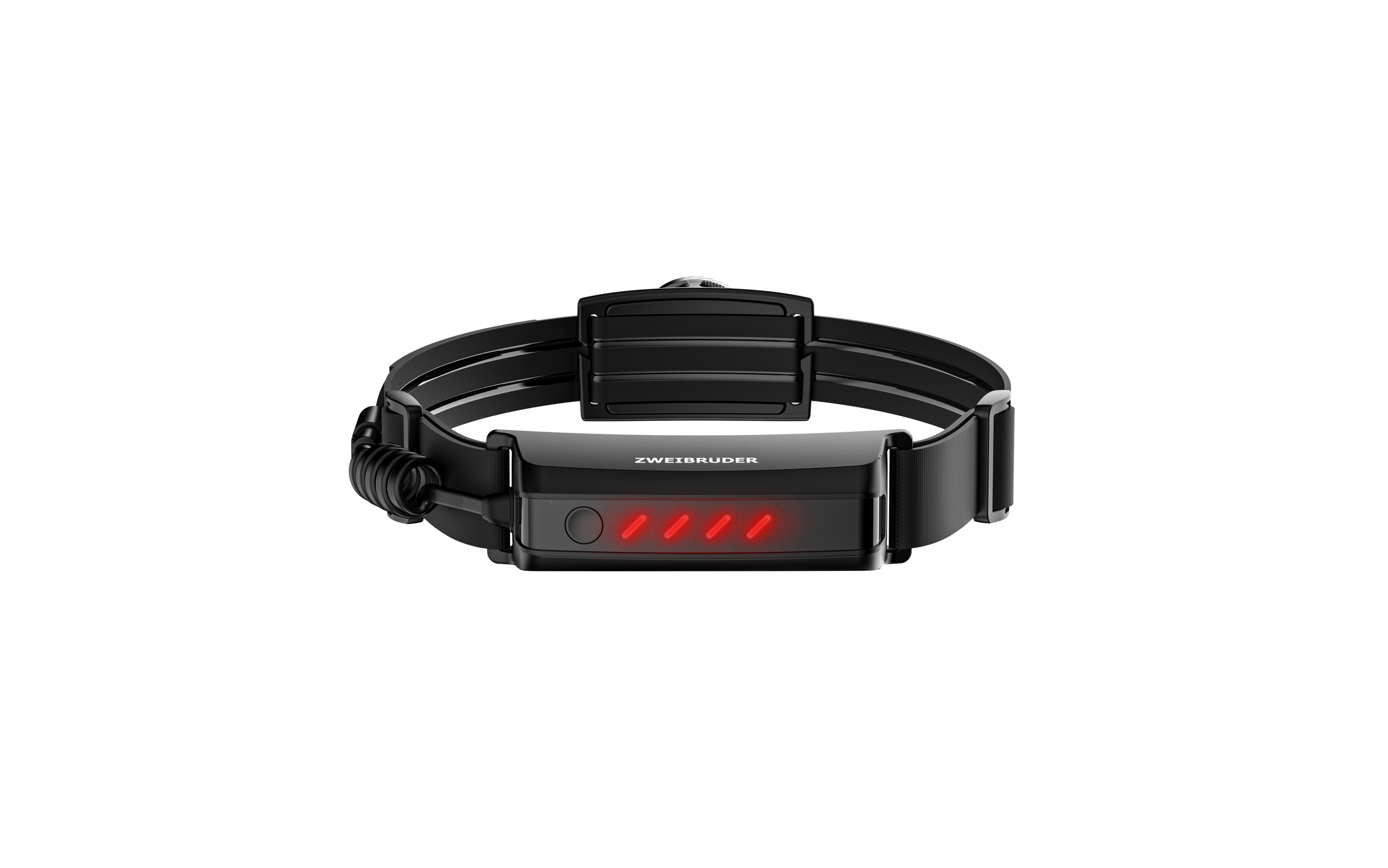 Schwarzes Stirnband mit roter LED-Anzeige und der Aufschrift ZWEIBRUDER.