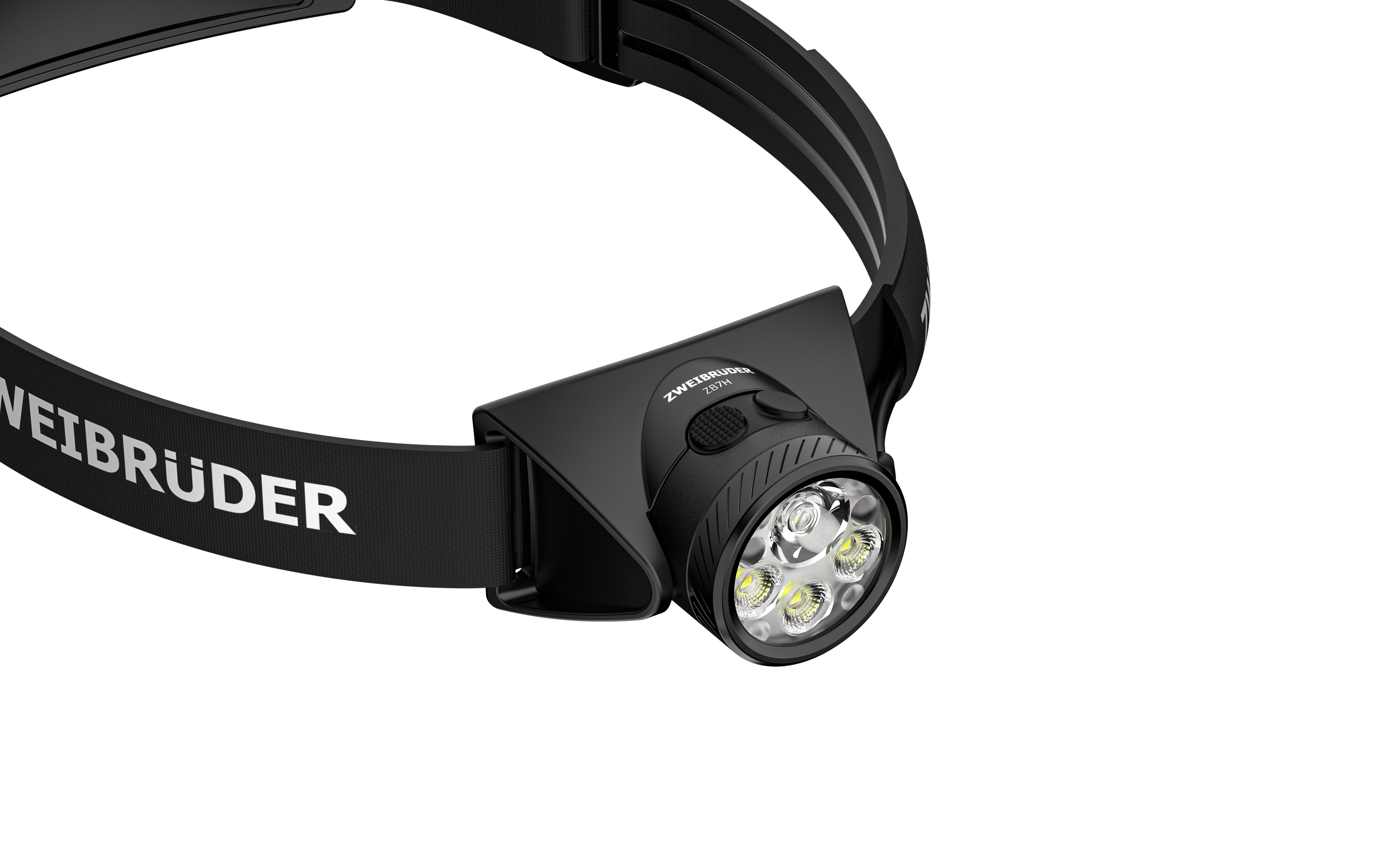 Schwarze Stirnlampe mit fünf LEDs und dem Markennamen ZWEIBRÜDER.