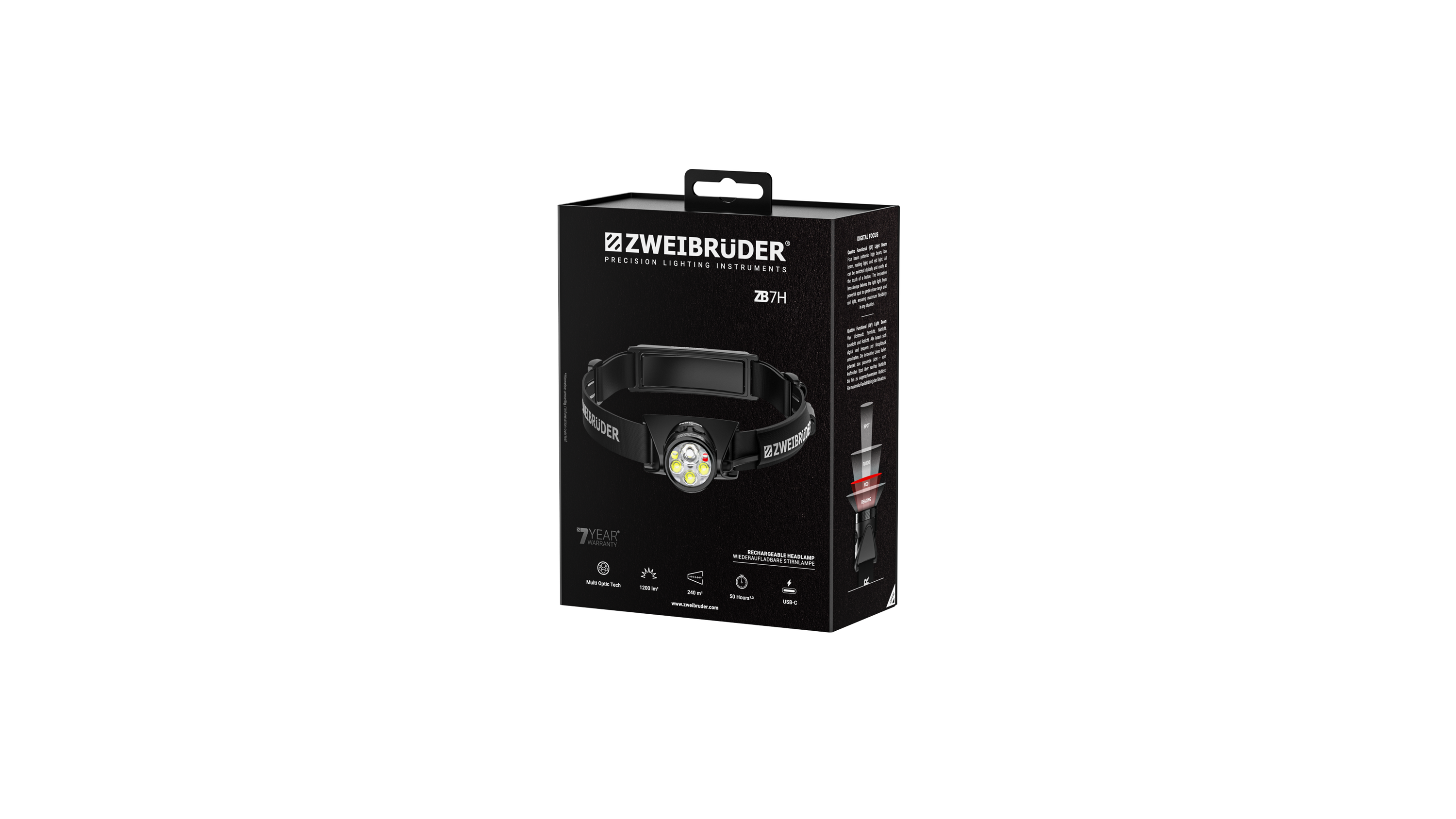 Verpackung einer ZWEIBRUDER ZB7H Stirnlampe mit technischen Details und Abbildungen.
