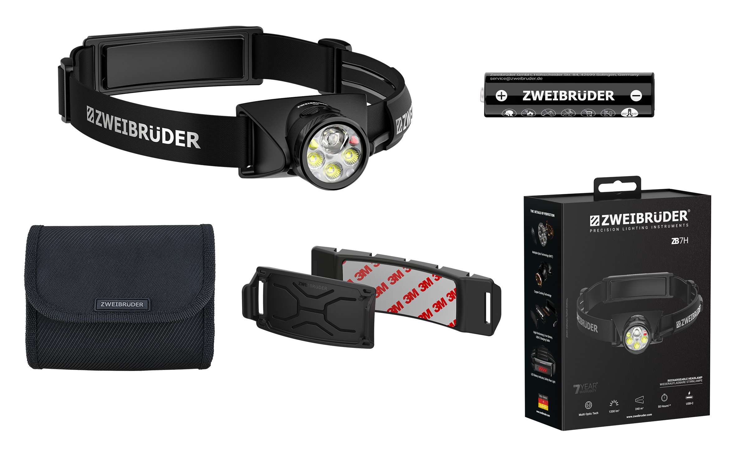 Zweibrüder Stirnlampe mit Zubehör: Lampe, Tasche, Halterung, Akku, Verpackung.