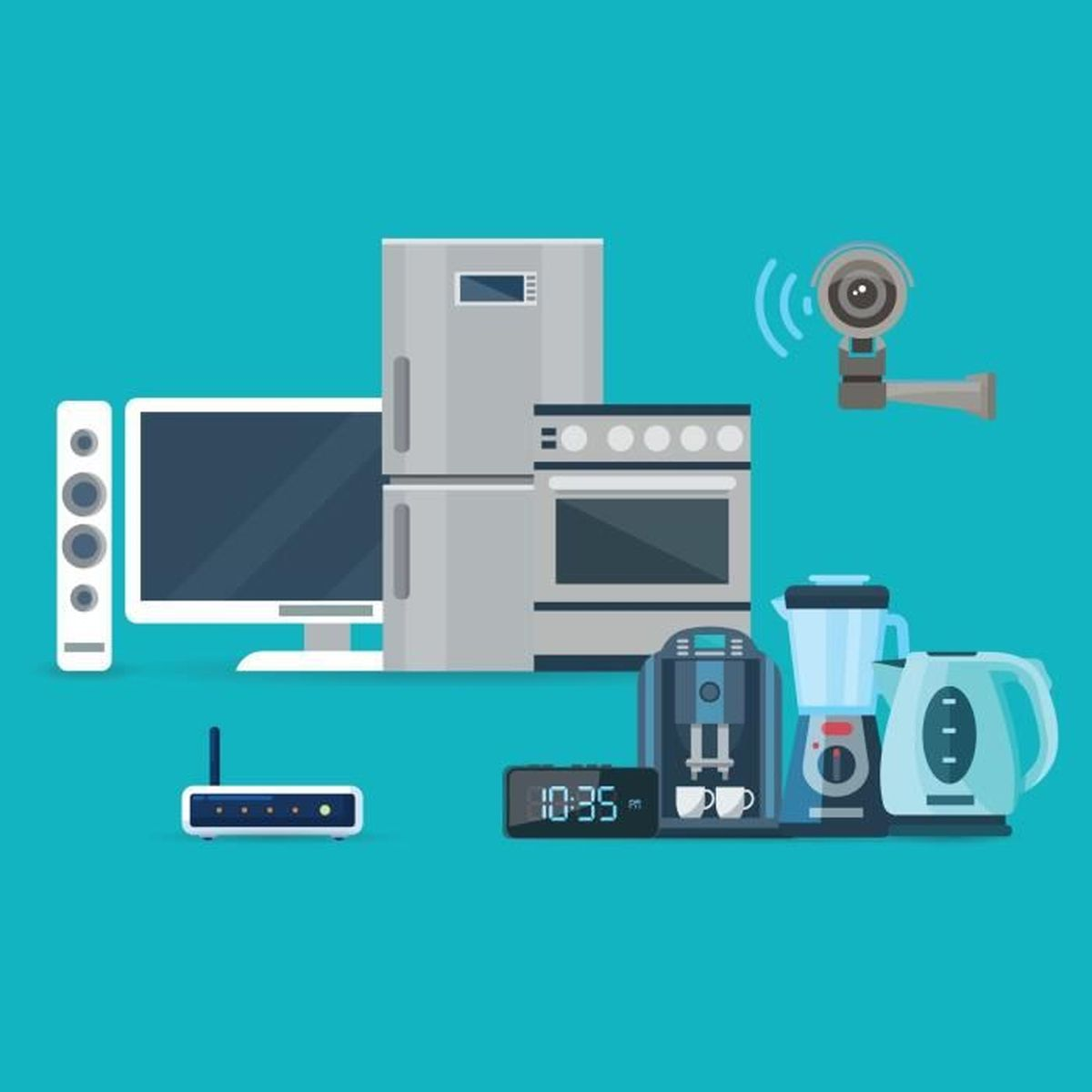 Un frigorifero, forno, monitor, altoparlante, router, telecamera, macchina da caffè, frullatore e bollitore.