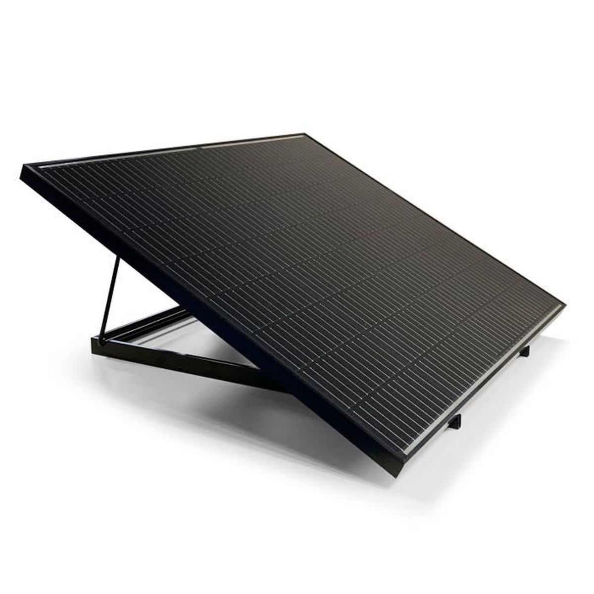 Un pannello solare nero con linee a griglia argentate su un supporto nero.