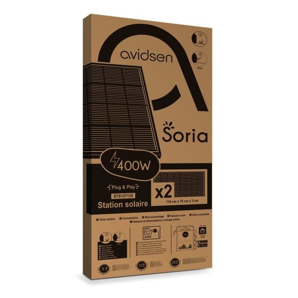Confezione per una stazione solare Avidsen Soria da 400W con accessori.