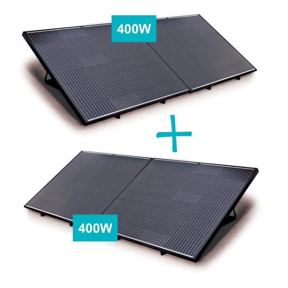 Due pannelli solari da 400W, uno accanto all'altro, con un segno più.