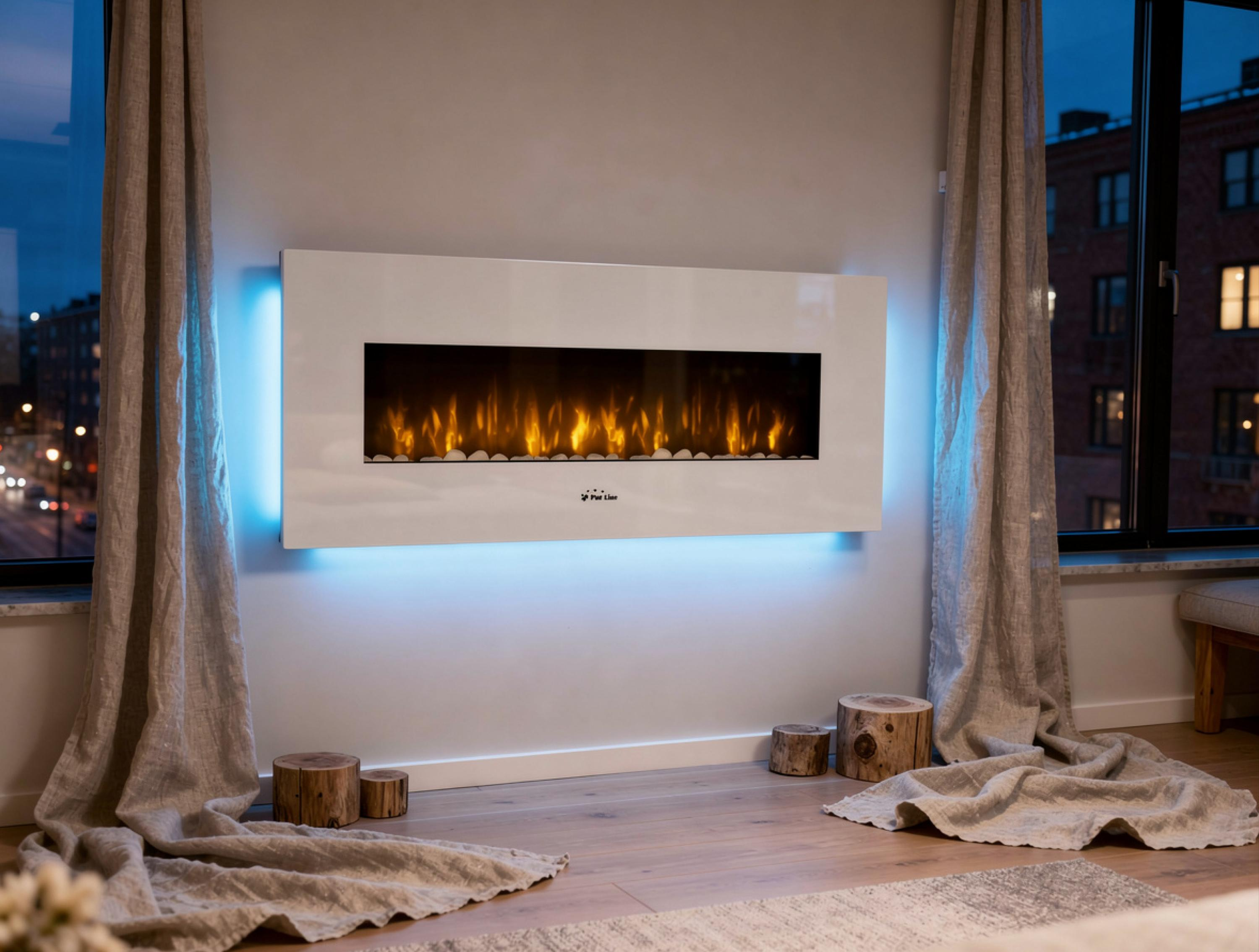 Una moderna chimenea eléctrica blanca brilla con luz azul desde el interior.