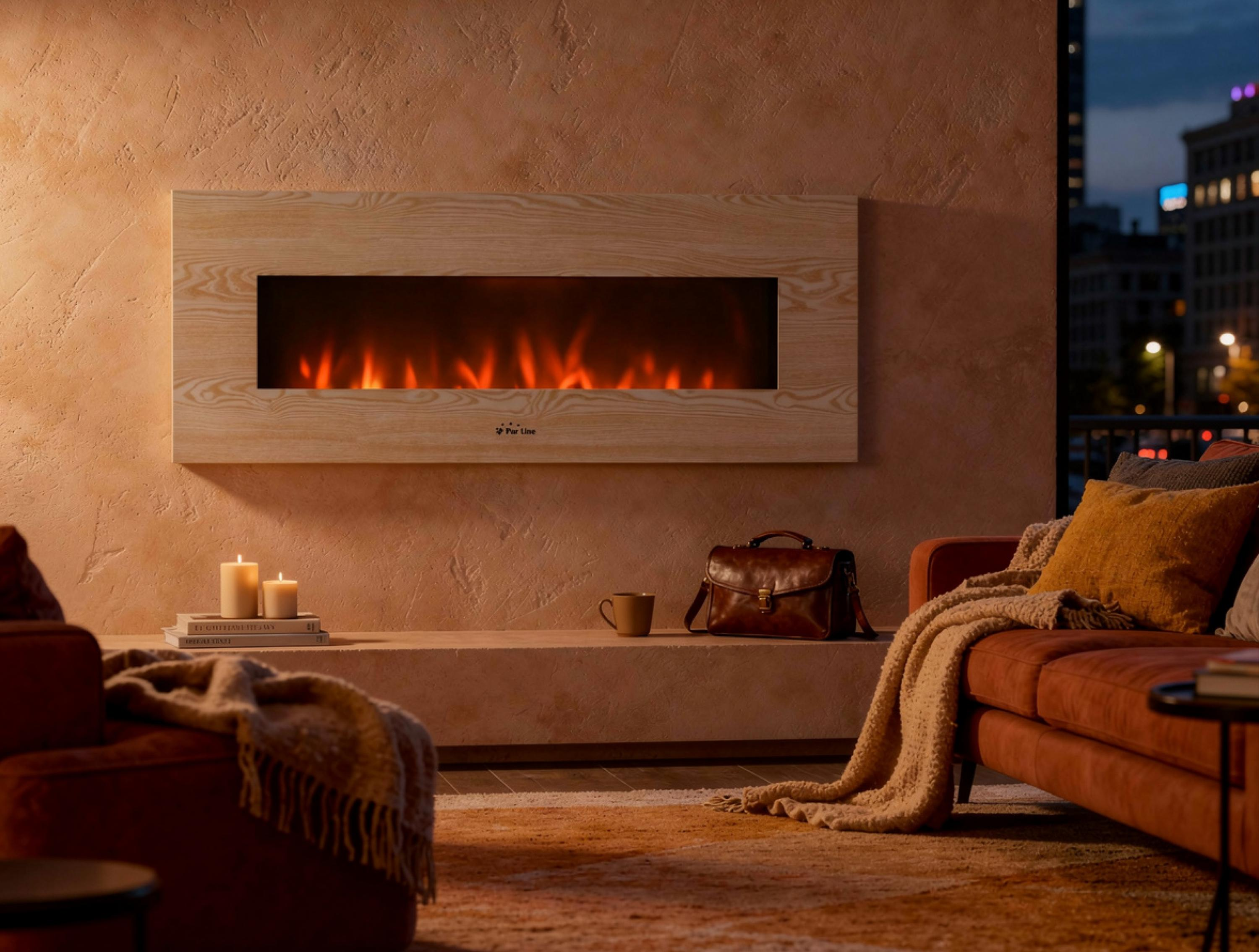 Una chimenea de pared con marco de madera y llamas naranjas sobre un sofá.