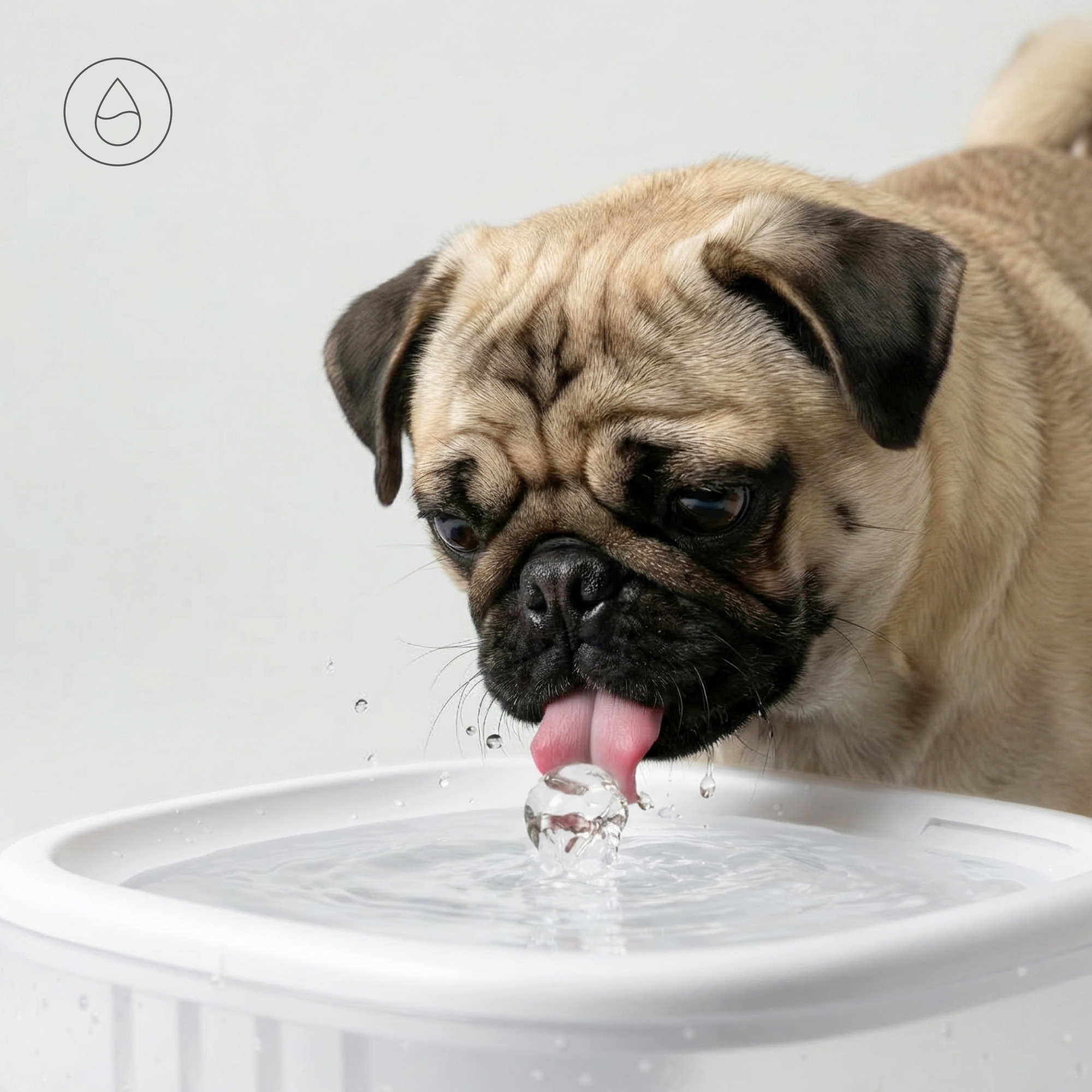 Ein heller Mops trinkt Wasser aus einer weißen Schale, mit einem Wassertropfensymbol oben links.