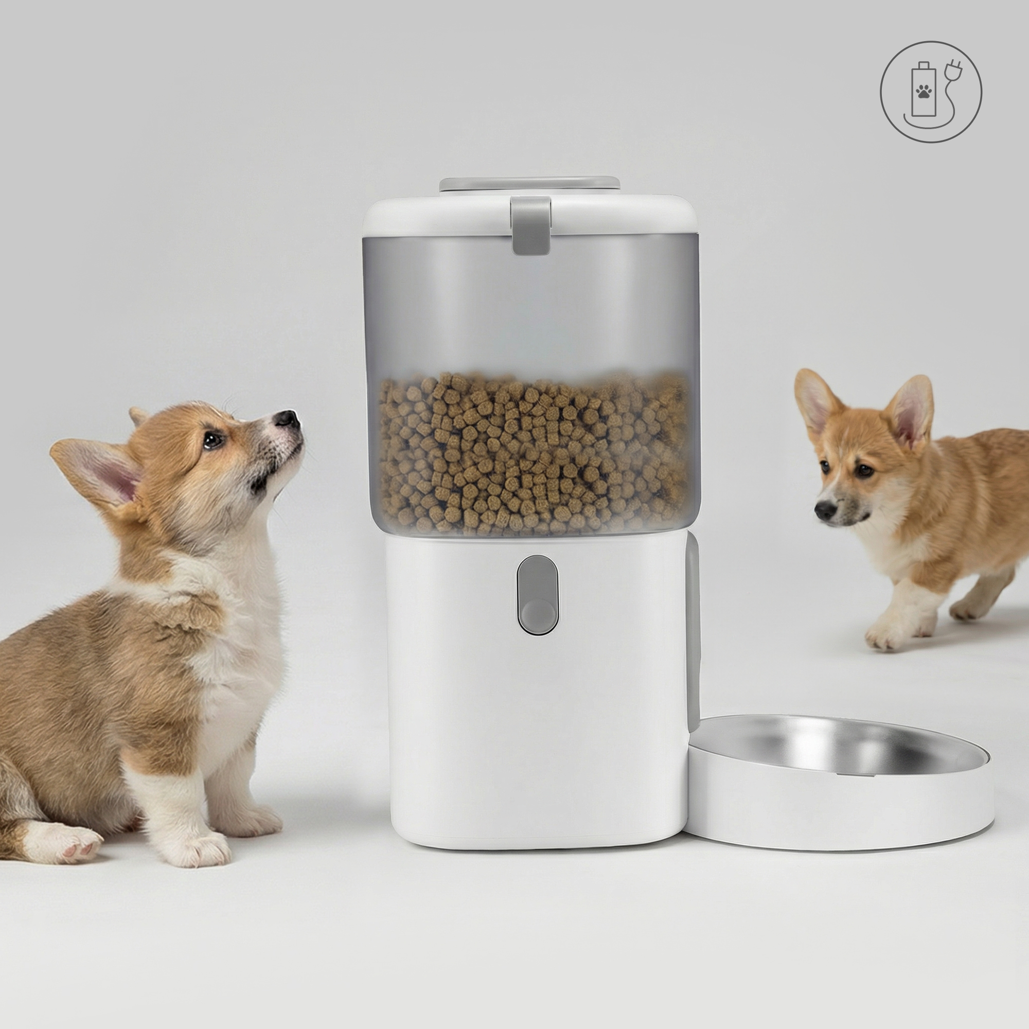 Zwei niedliche Corgi-Welpen neben einem weißen Futterspender mit Futter.