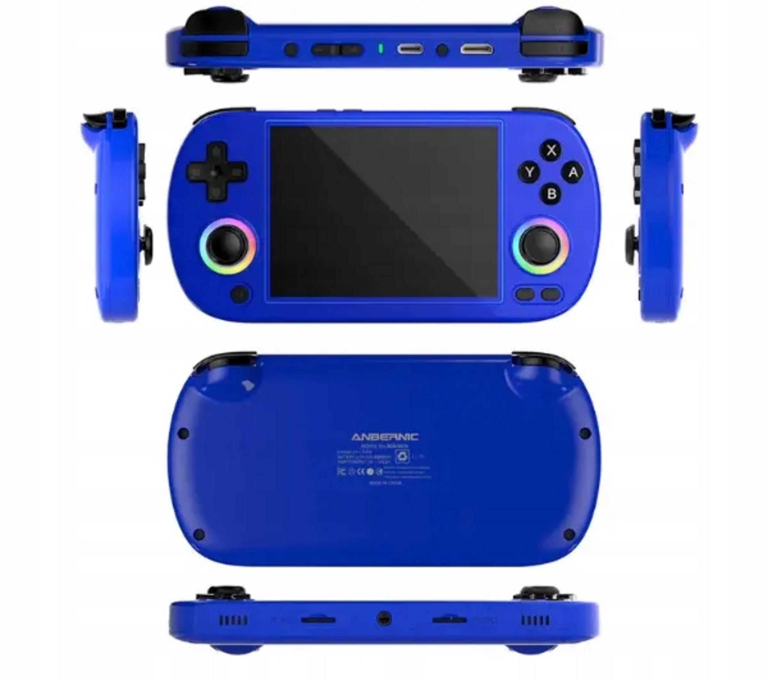 Dispositivo portatile blu con schermo, joystick e pulsanti.