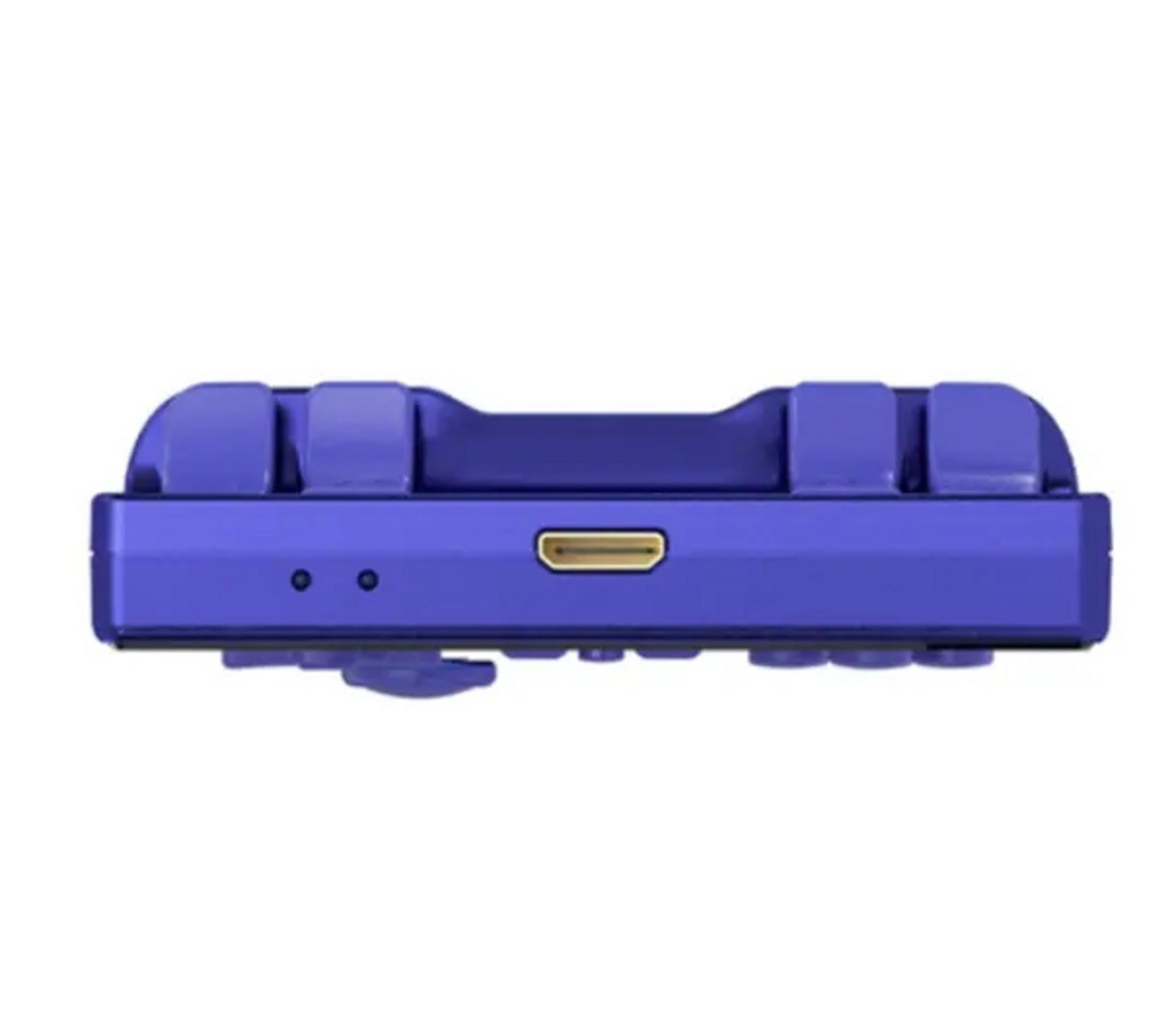 Un controller di gioco viola con porta USB-C e due piccole luci.