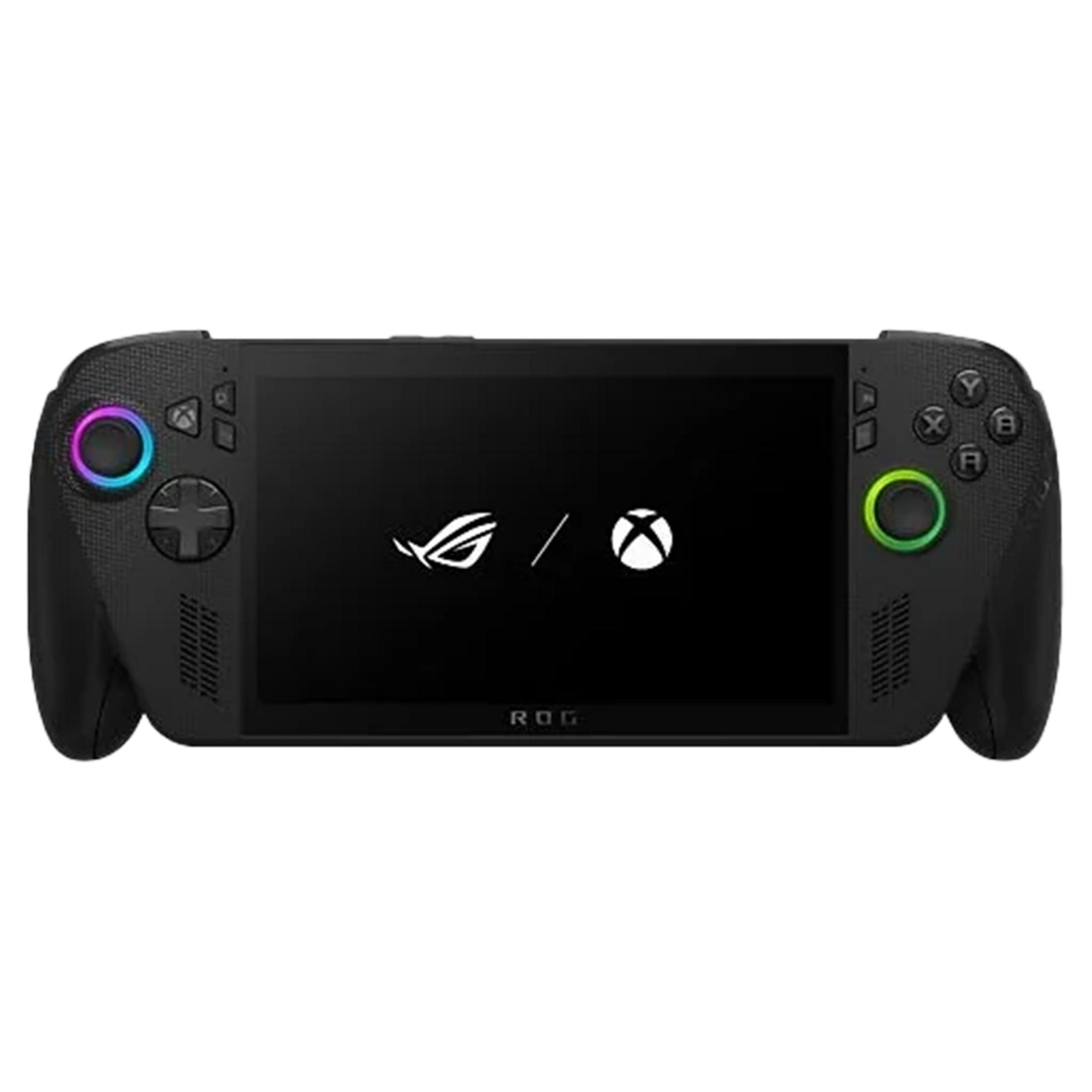 Czarny przenośny komputer do gier z logo ROG i Xbox na ekranie.