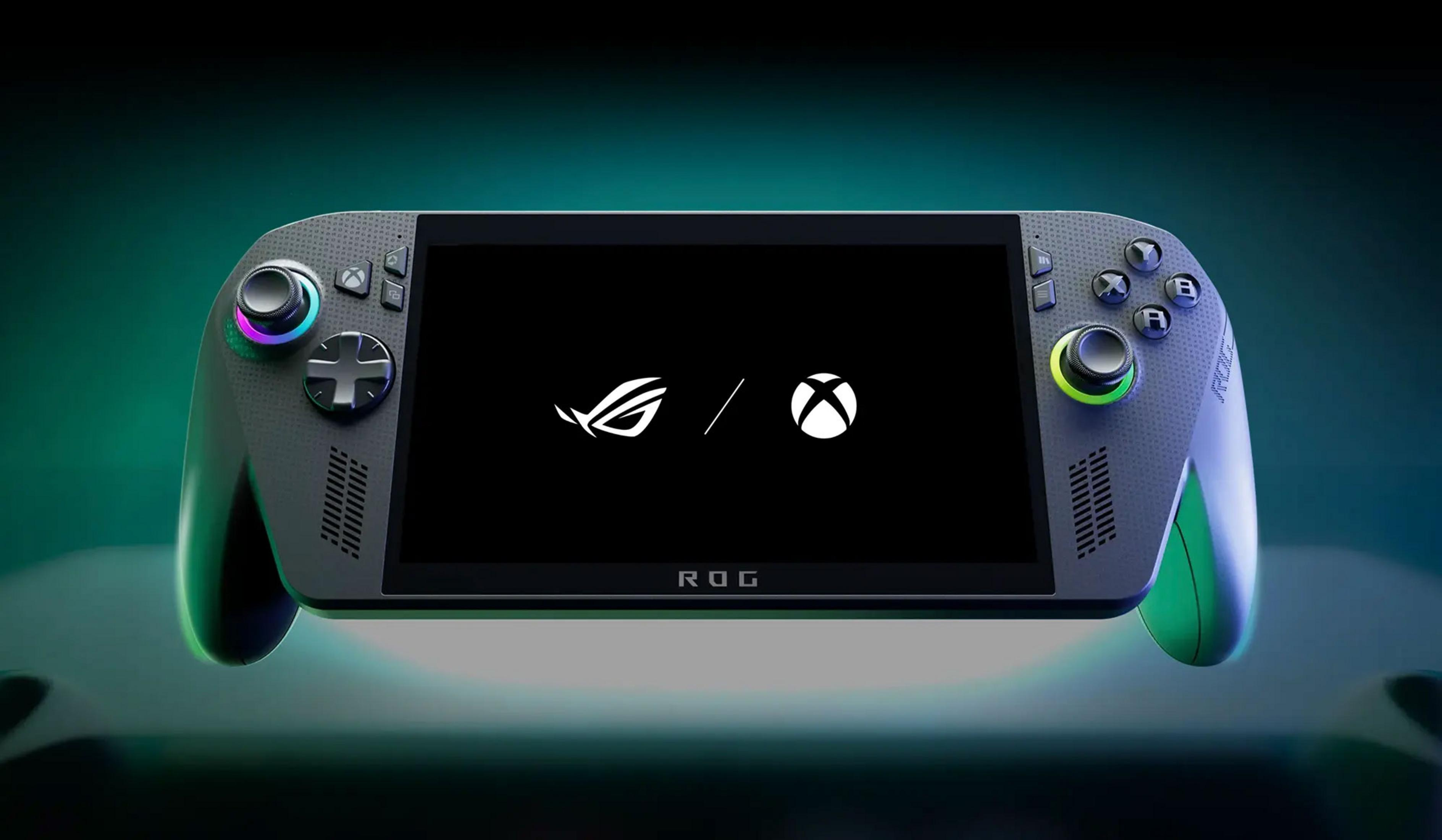 Szary komputer przenośny z logo ROG i Xbox na czarnym ekranie.