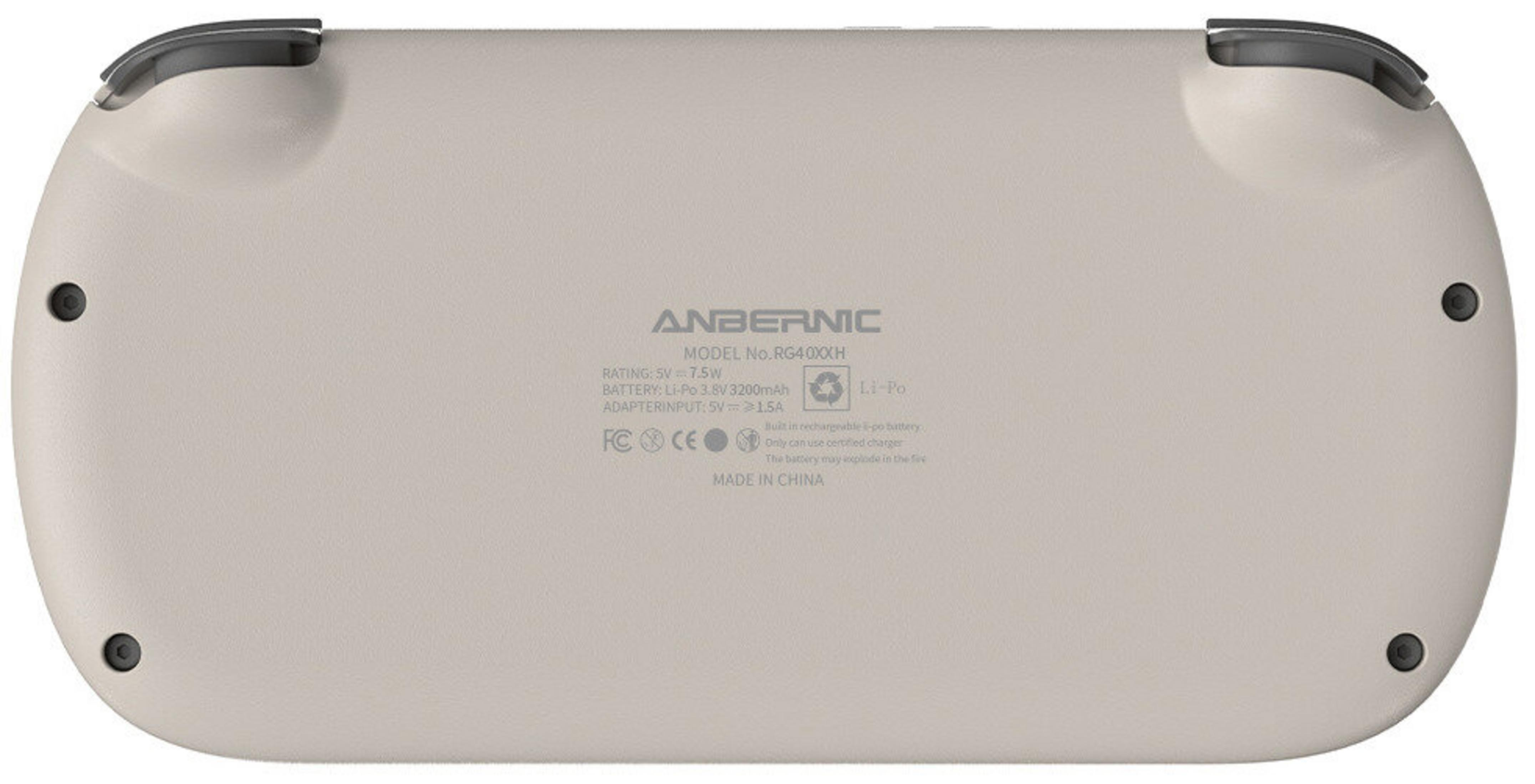Reverso de un dispositivo portátil beige claro con logo Anbernic y especificaciones técnicas.