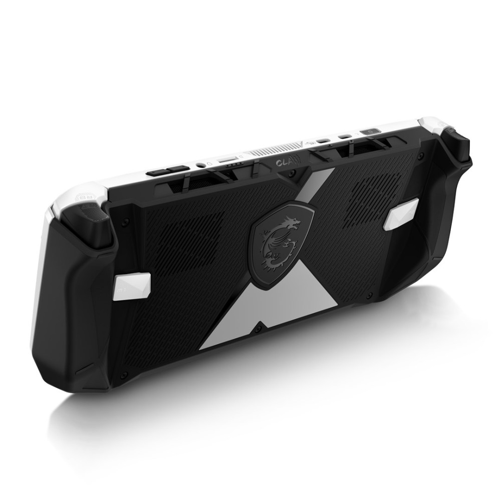 Czarno-białe przenośne urządzenie do gier z otworami wentylacyjnymi i logo smoka.