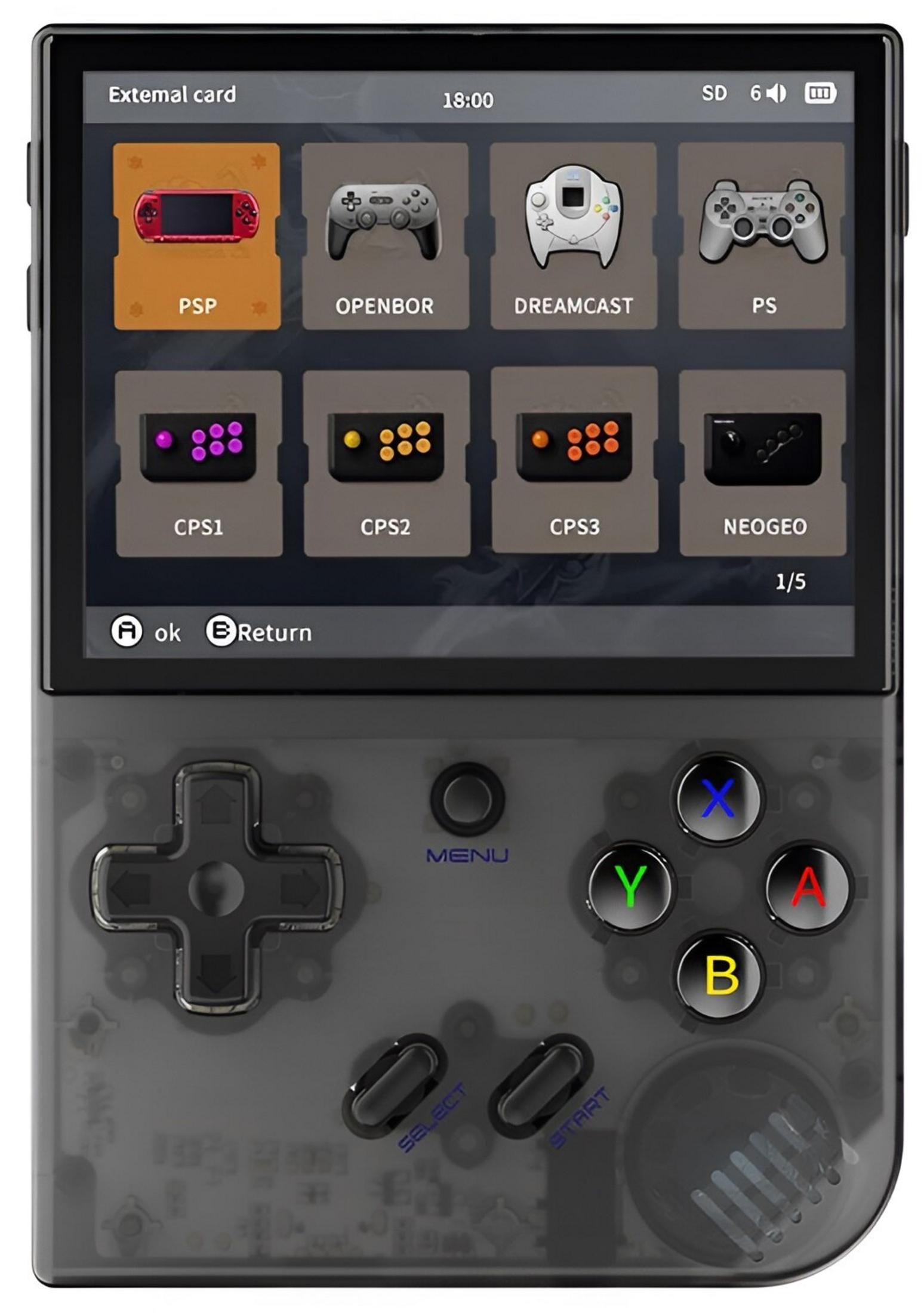 Un dispositivo portátil de juegos retro que muestra íconos de consolas en su pantalla.