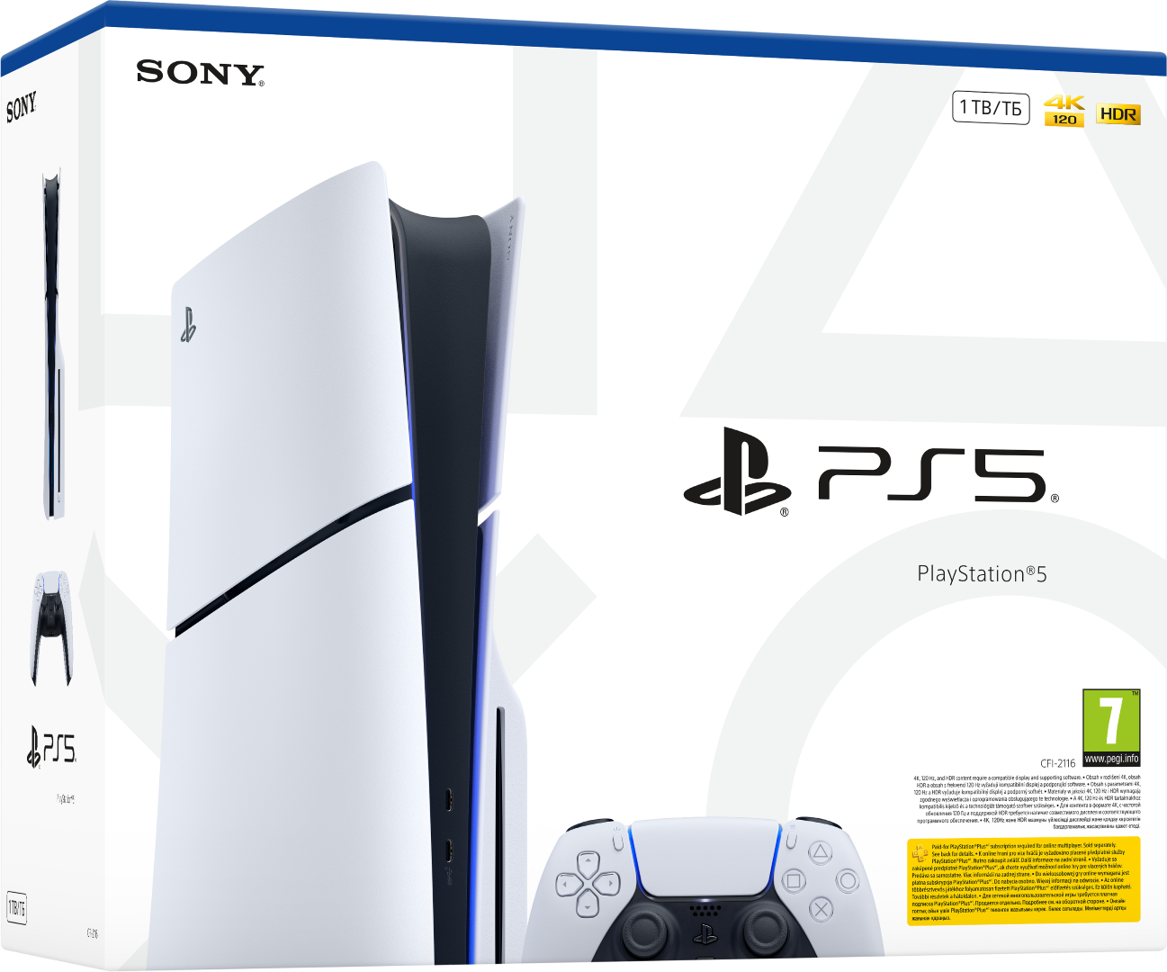 Konsola Sony PlayStation 5 z kontrolerem i opakowaniem. Biała z niebieskimi akcentami.