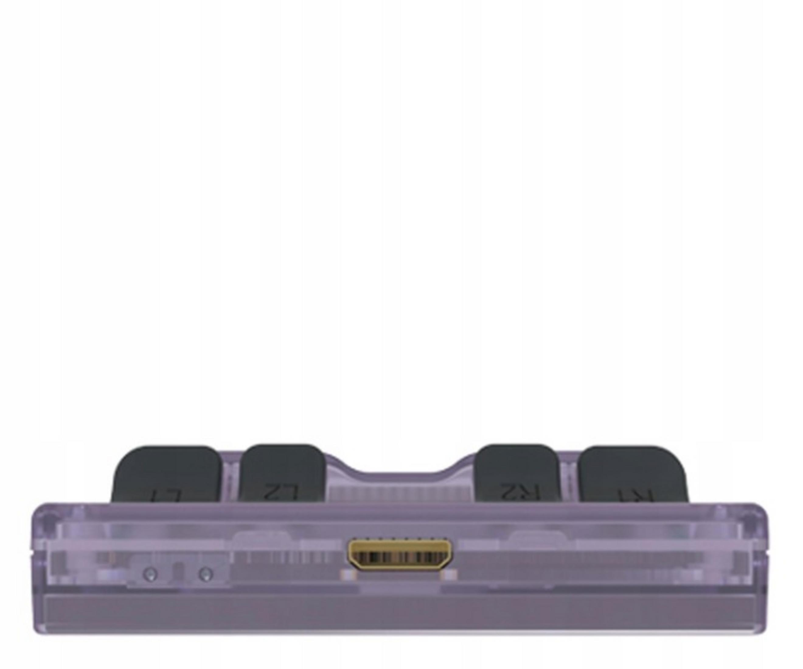 Controlador morado transparente con puerto HDMI y botones negros.